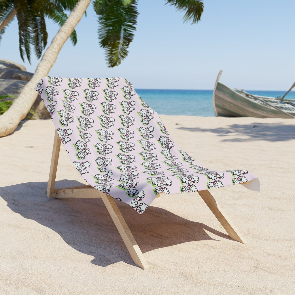 Hand-Drawn Cute Fluffy Sheep Pattern Beach Towel | Pink, White, and Green Repeat Design