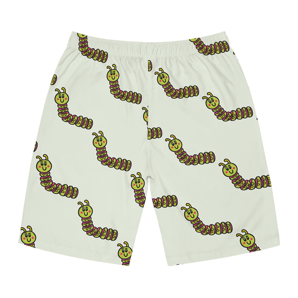 Hand-Drawn Cute Cartoon Caterpillar Board Shorts | All-Over Print Swim Trunks