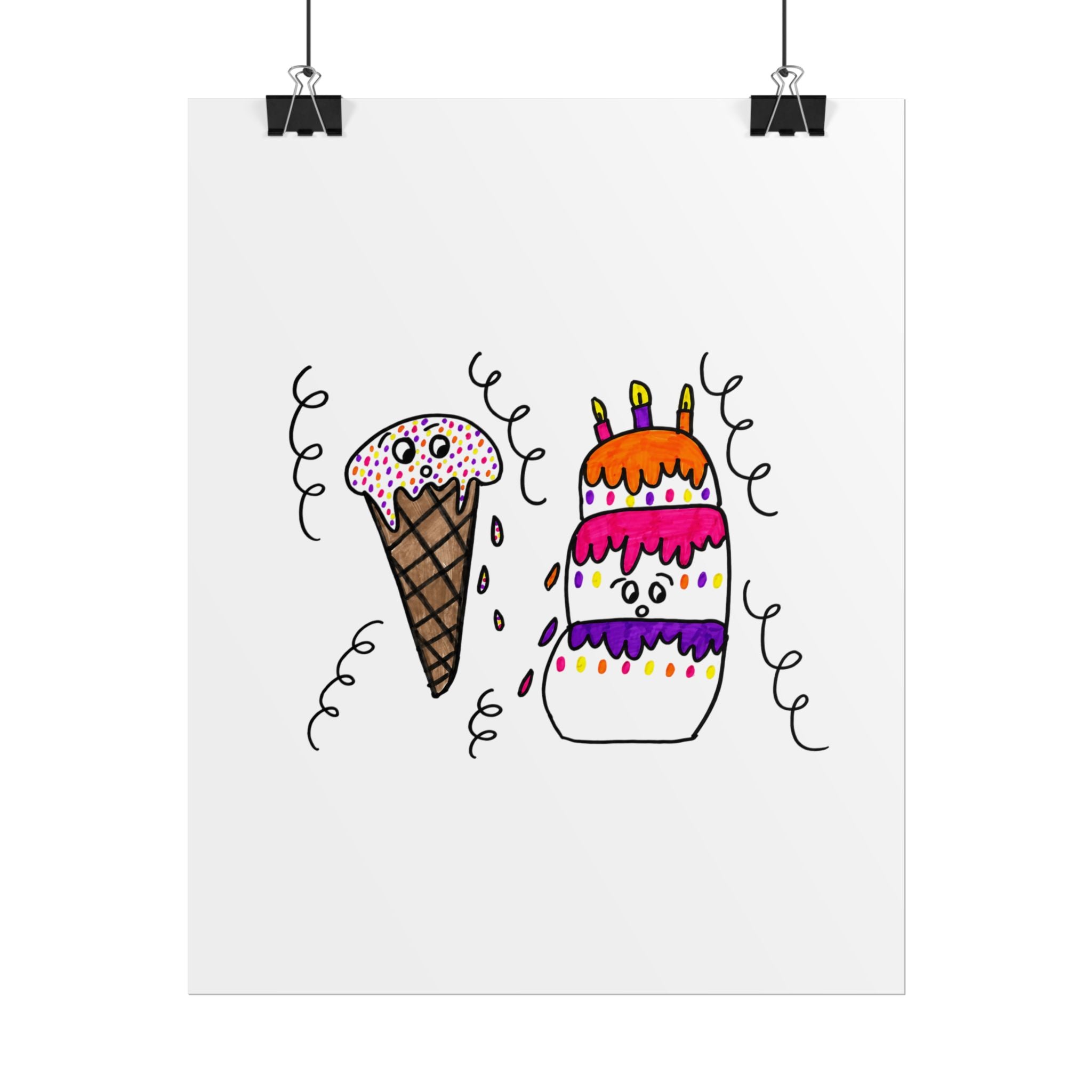 Hand-Drawn Ice Cream Cone and Birthday Cake Poster | Rolled Poster, Cute Dessert Art