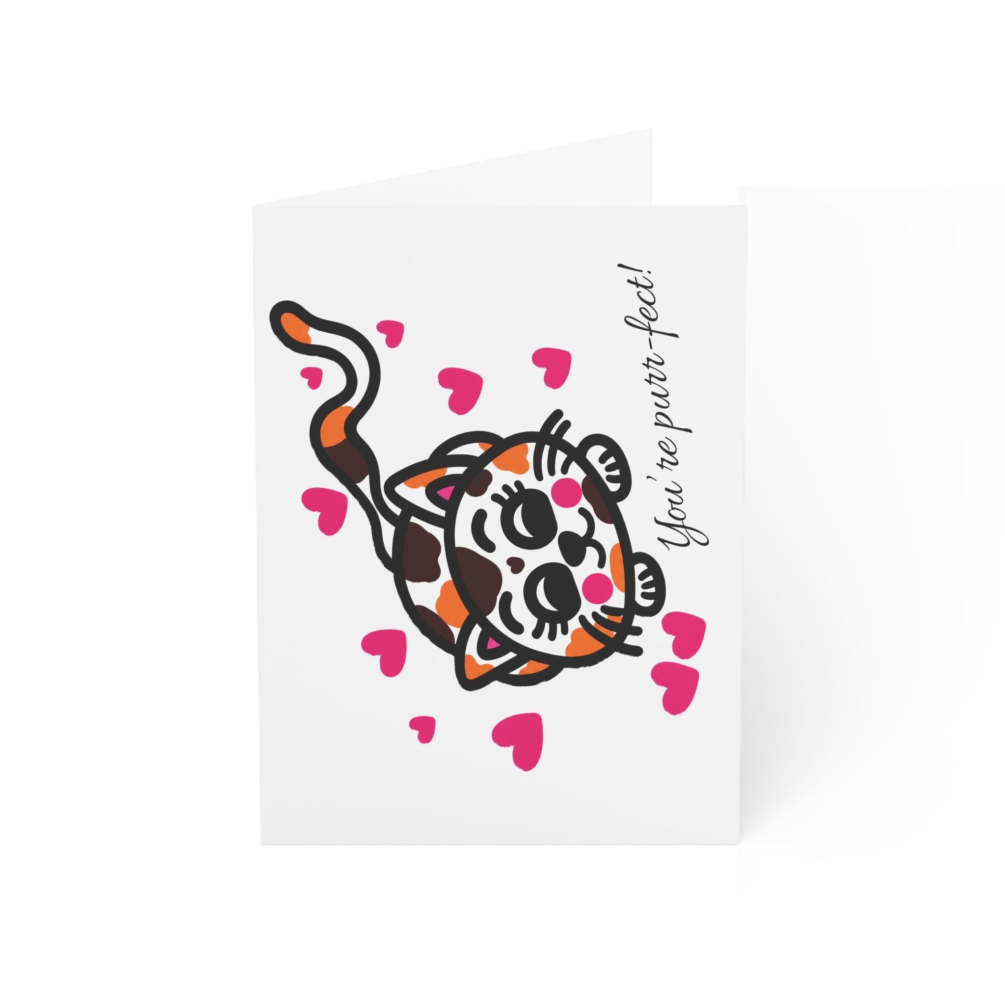 Hand-Drawn Purring Cute Calico Kitty with Pink Hearts Cards | Cute Cat Illustration Greeting Cards