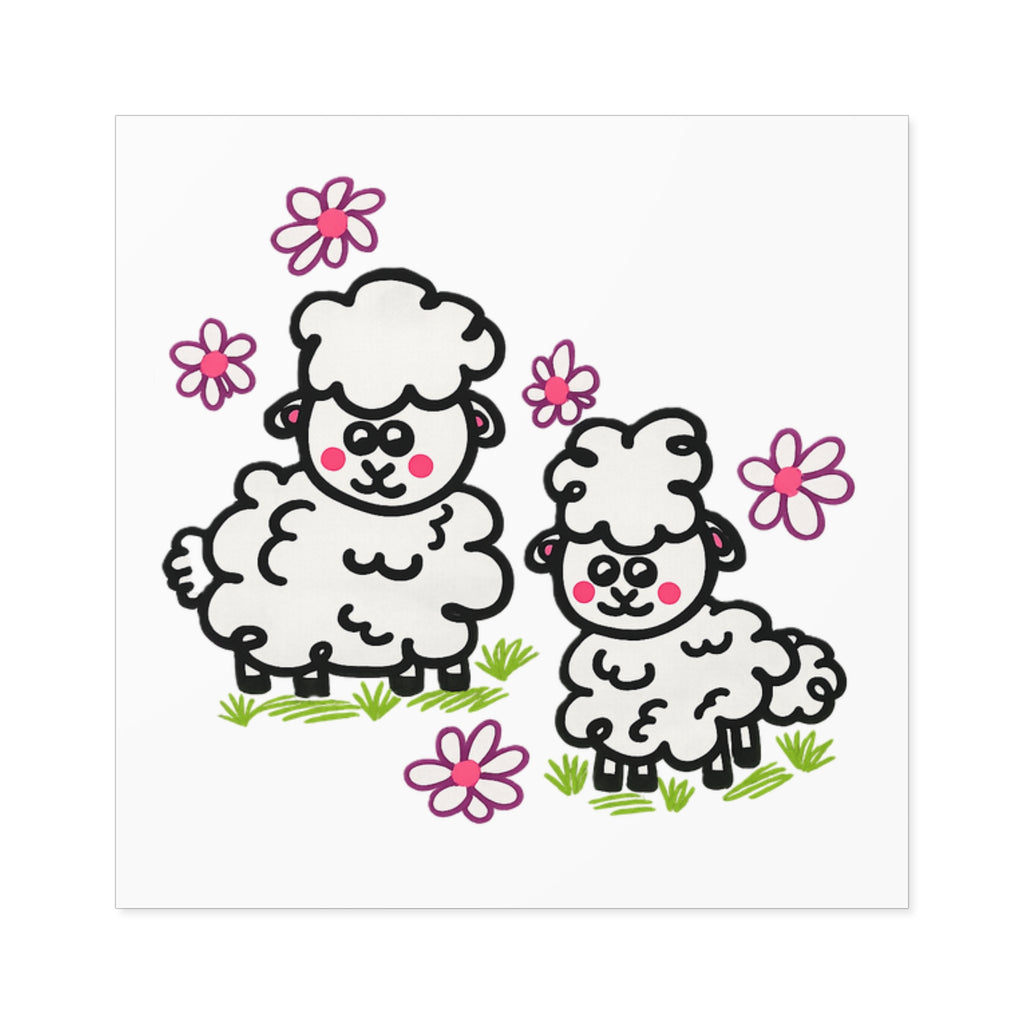Hand-Drawn Cute Cartoon Sheep Square Sticker | Indoor Outdoor, Floral Spring Design
