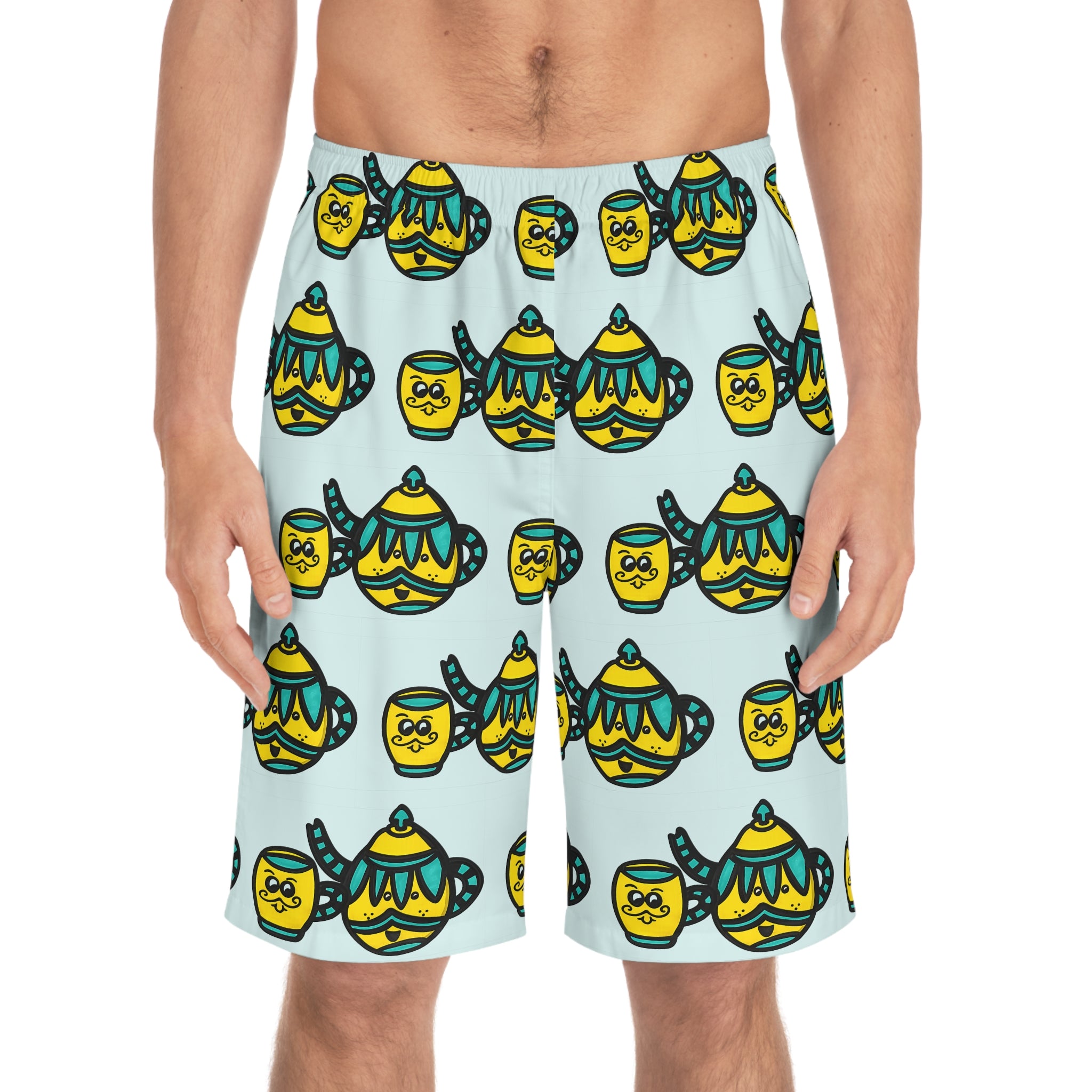 Hand-Drawn Yellow and Teal Cute Mustache Teapot and Mug Pattern Board Shorts | Charming All-Over Print