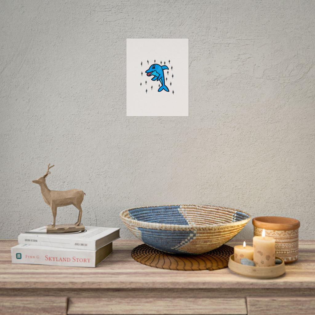 Hand-Drawn Cute Blue Dolphin Rolled Poster | Cartoon Sea Life Wall Art