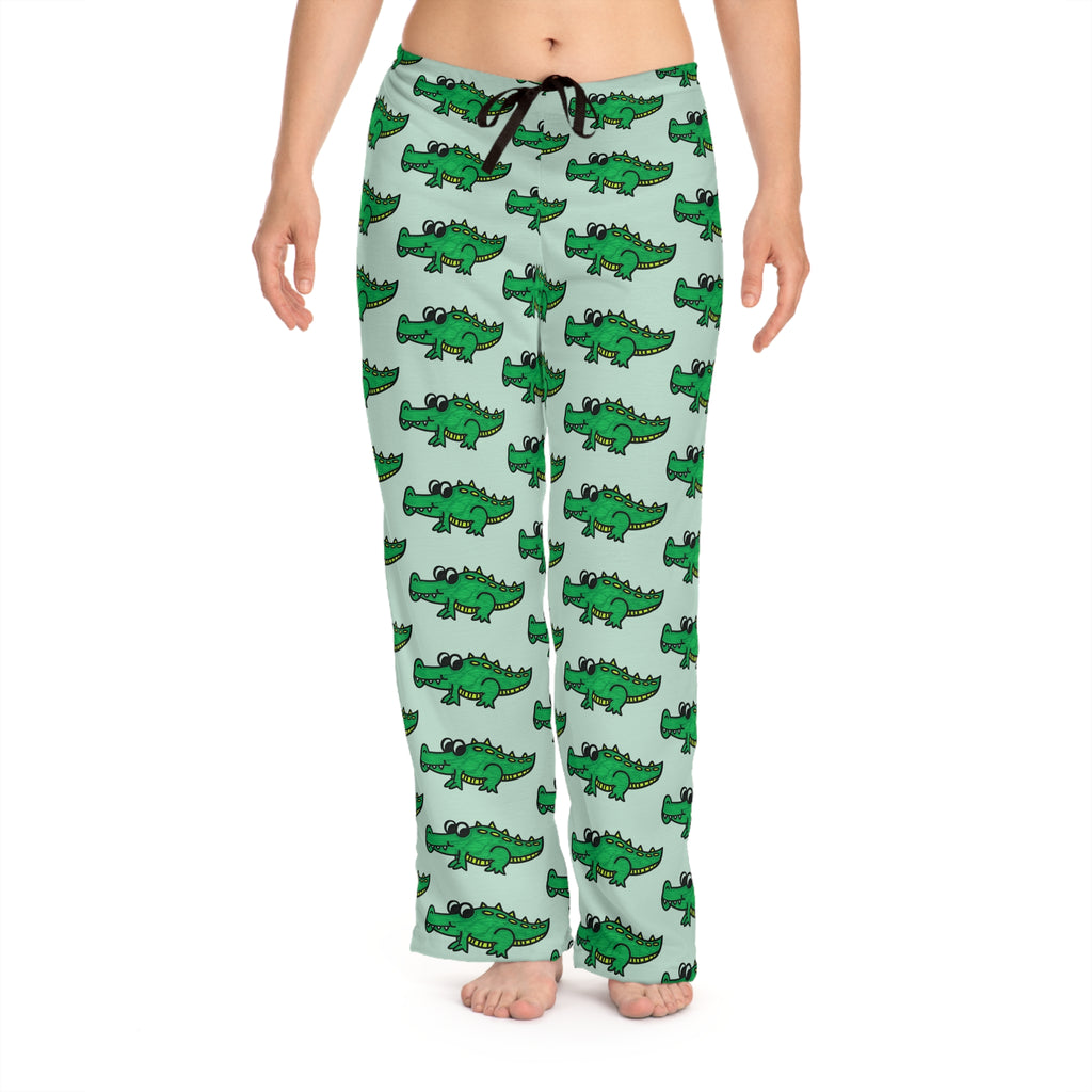 Hand-Drawn Green Cartoon Alligator Pajama Pants | Cute Repeating Gator Pattern