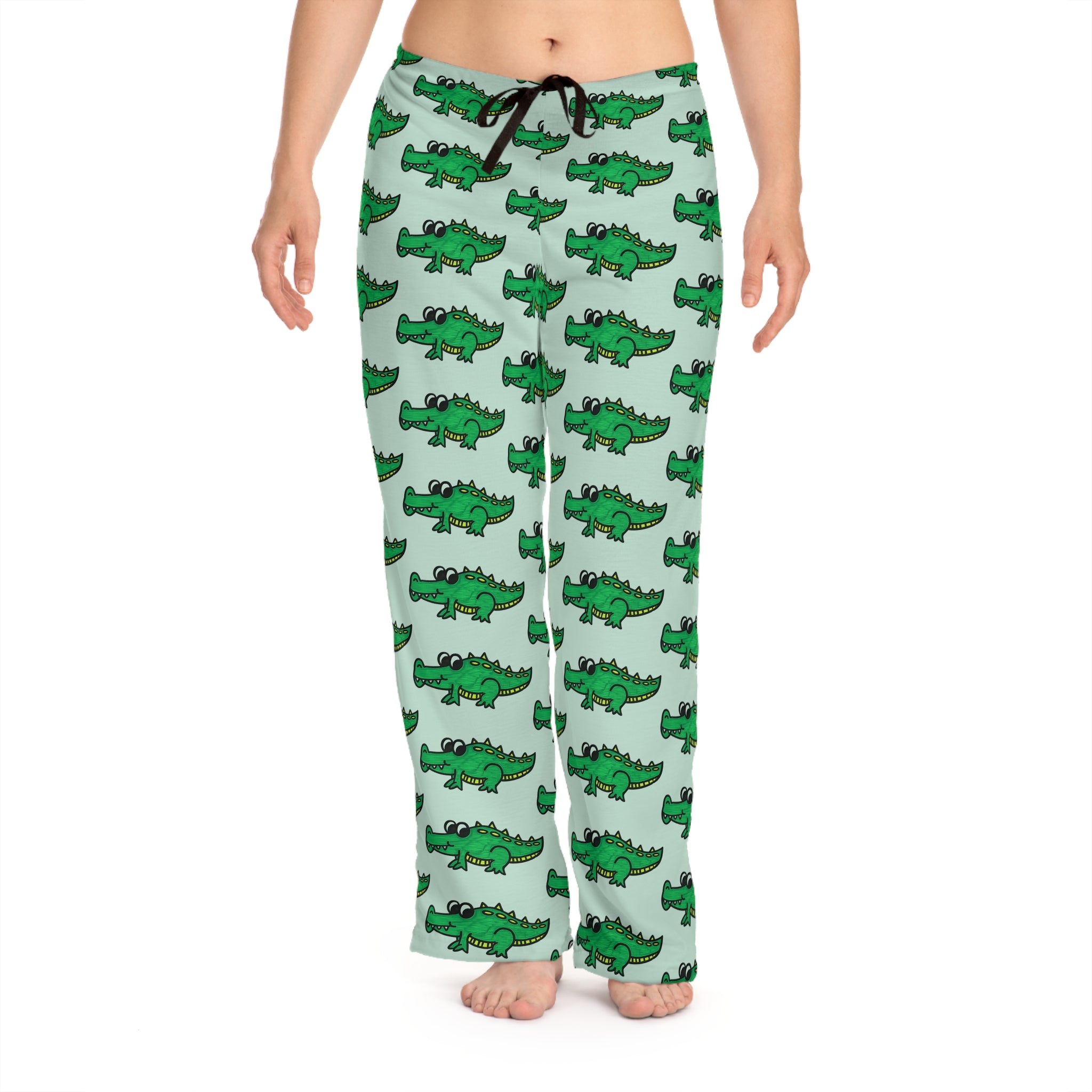 Hand-Drawn Green Cartoon Alligator Pajama Pants | Cute Repeating Gator Pattern