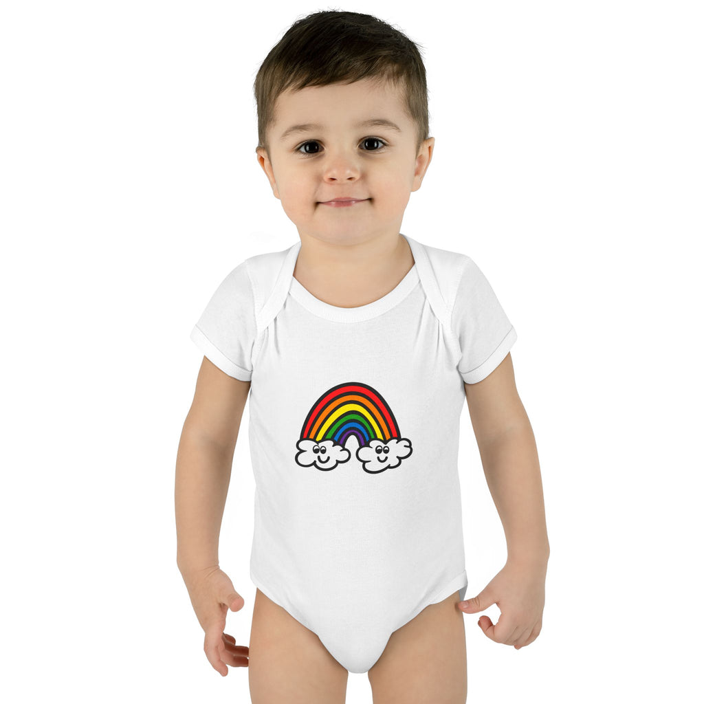 Hand-Drawn Cute Rainbow with Smiling Clouds Infant Bodysuit | Baby Rainbow Tee