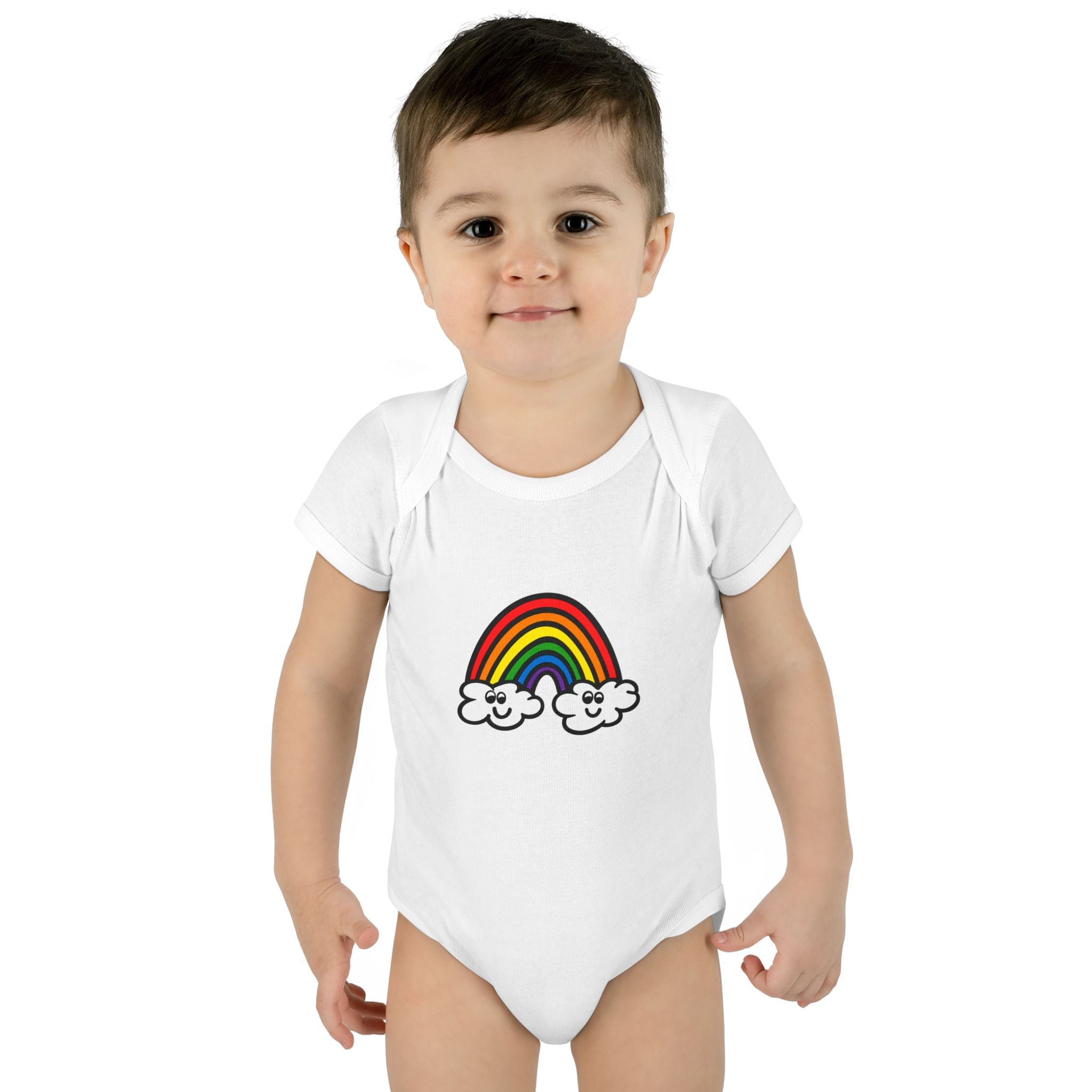 Hand-Drawn Cute Rainbow with Smiling Clouds Infant Bodysuit | Baby Rainbow Tee