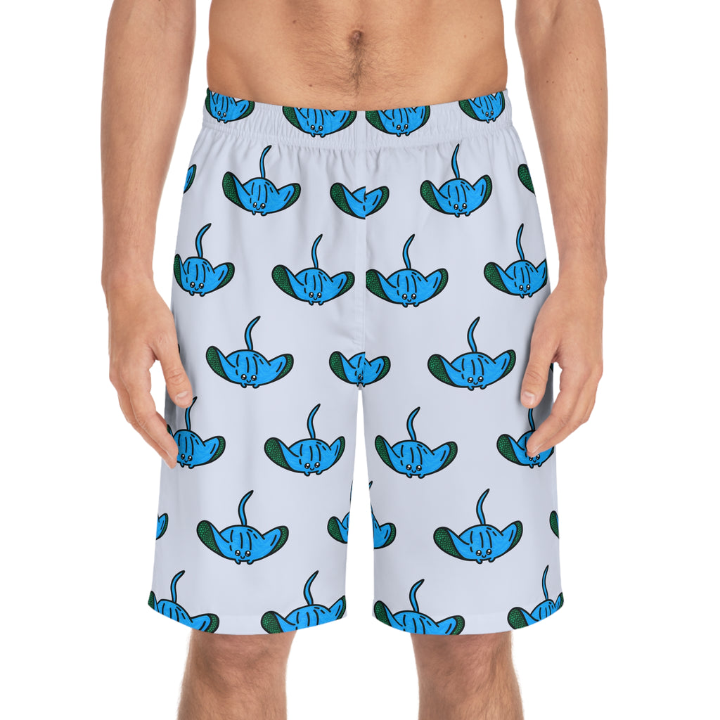 Hand-Drawn Blue Manta Ray Pattern Board Shorts | All Over Print Swim Trunks