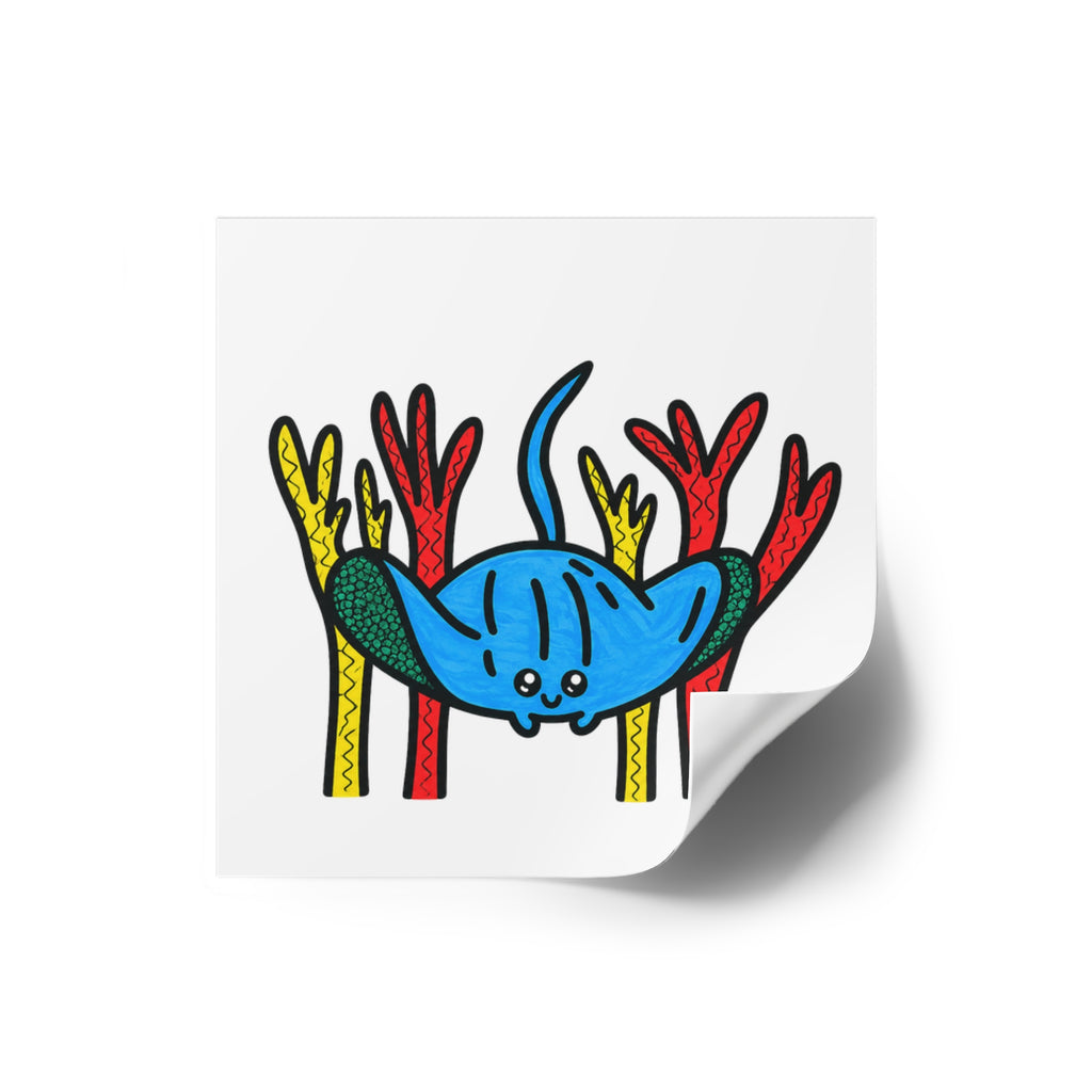 Hand-Drawn Cute Blue Manta Ray Sticker square sticker | Indoor Outdoor vinyl sticker