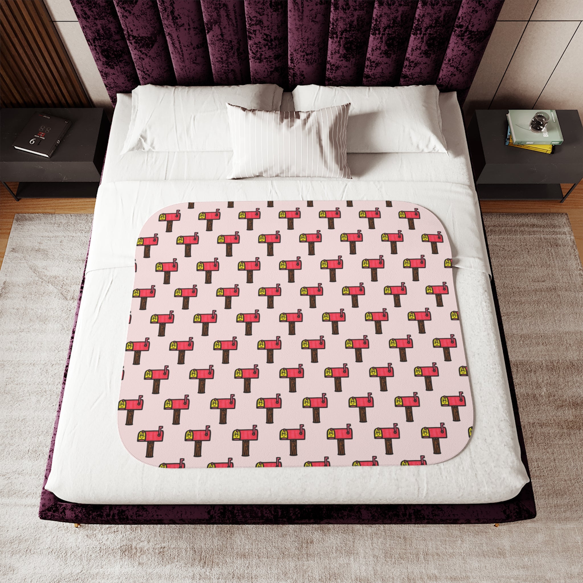 Hand-Drawn Retro Mailbox Pattern Sherpa Blanket | Cute Postal Print, Pink Background