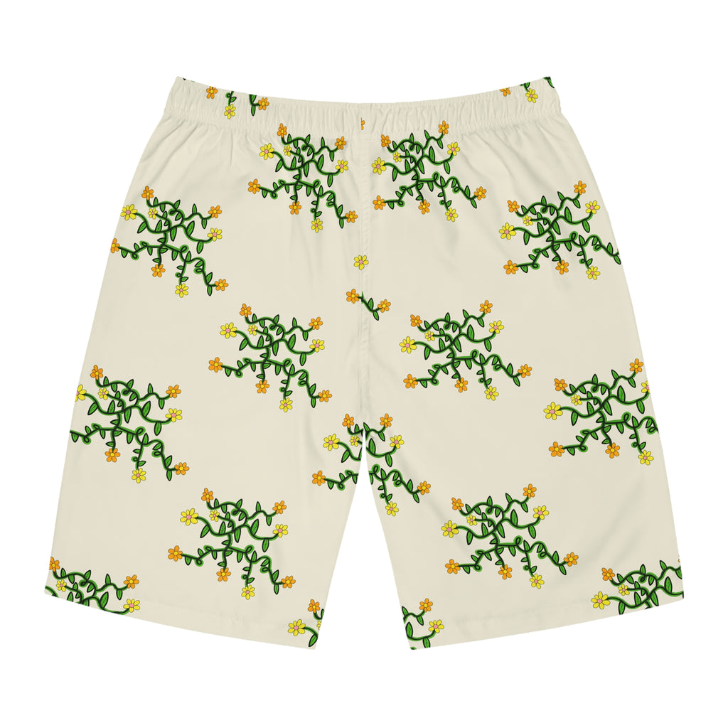 Hand-Drawn Yellow Orange Pink Floral Vine Pattern Board Shorts | AOP All-Over Print