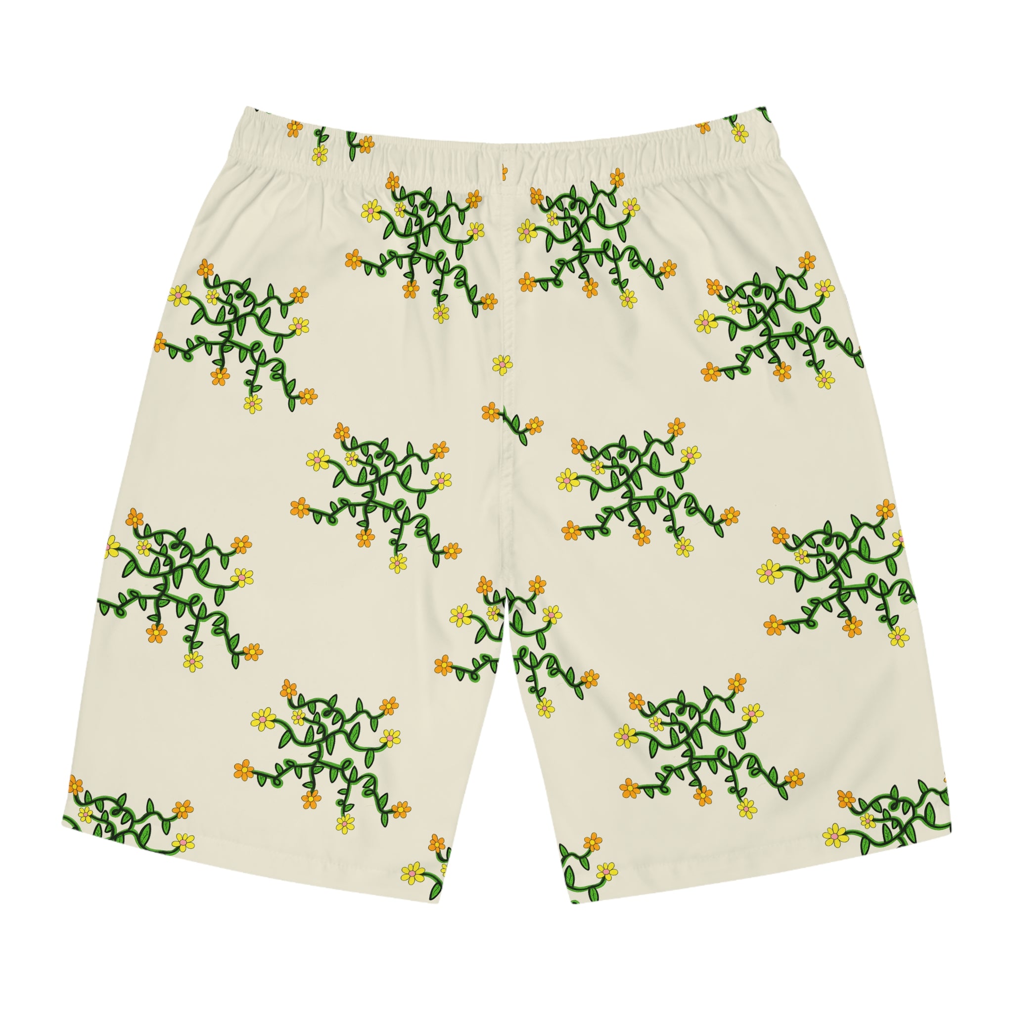 Hand-Drawn Yellow Orange Pink Floral Vine Pattern Board Shorts | AOP All-Over Print