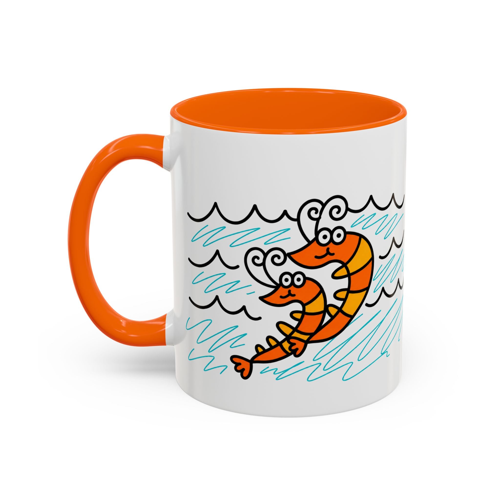 Hand-Drawn Two Shrimp Ocean Waves Mug | Coastal Seafood Ceramic Coffee Mug