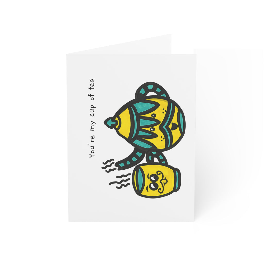 Hand-Drawn You're My Cup of Tea Greeting Card | Green and Yellow Charming Teapot and Mug Illustration