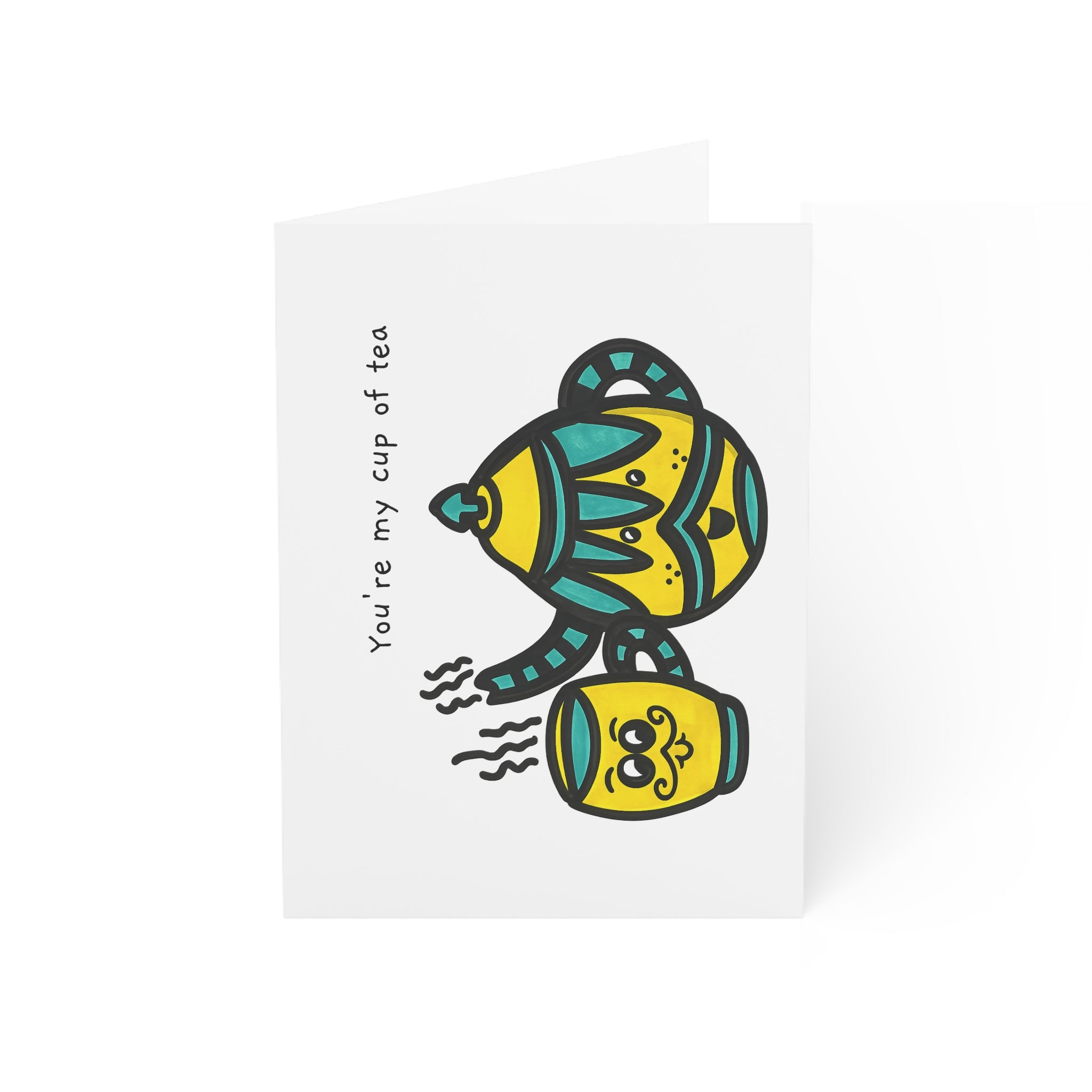Hand-Drawn You're My Cup of Tea Greeting Card | Green and Yellow Charming Teapot and Mug Illustration