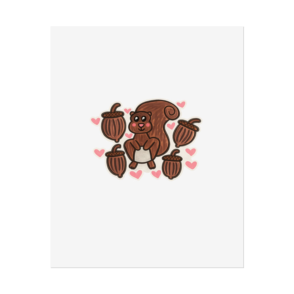 Hand-Drawn Cute Squirrel with Acorns Poster | Rolled Poster, Cute Woodland Animal Art