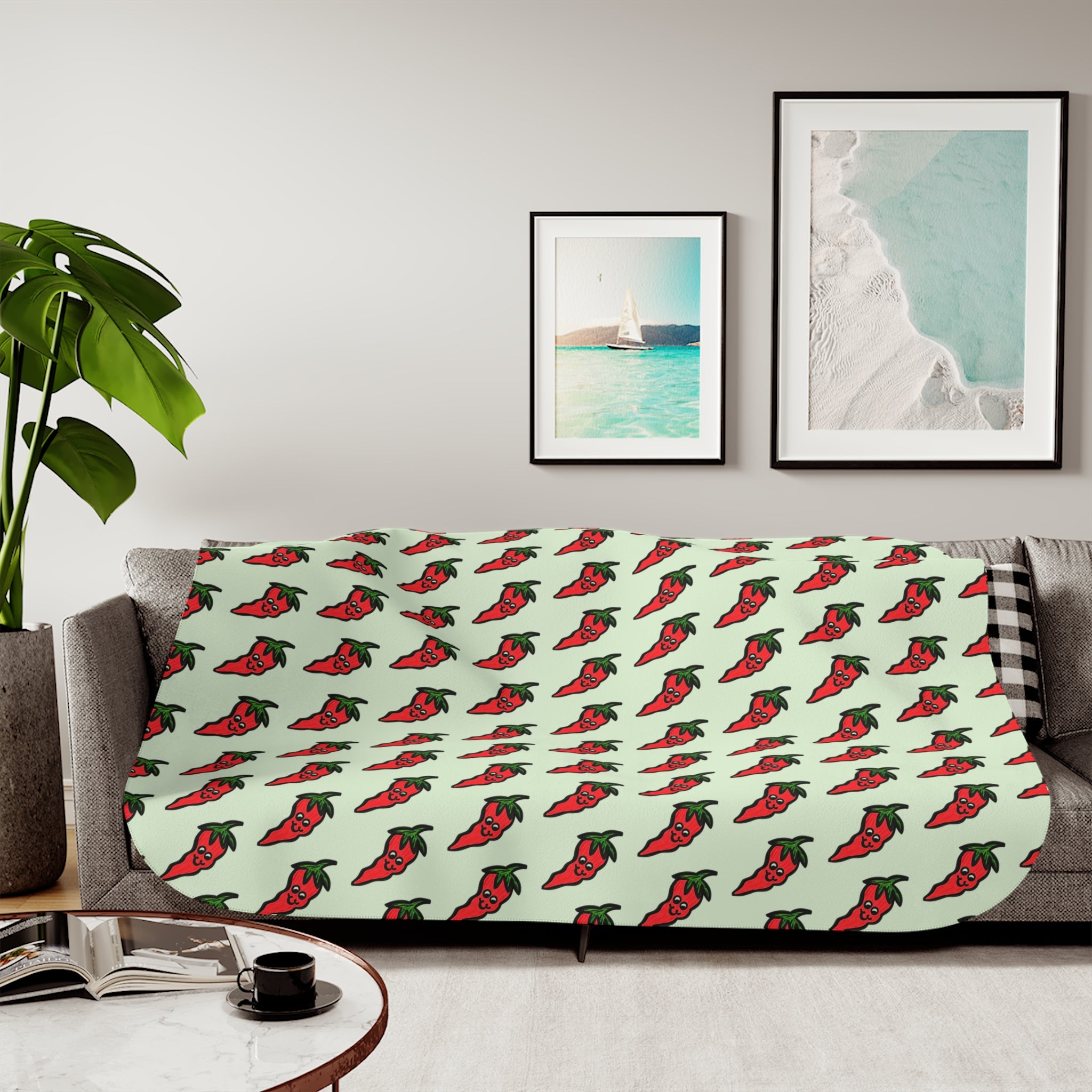 Hand-Drawn Cute Chili Pepper Pattern Sherpa Blanket | Repeating Whimsical Pepper Design