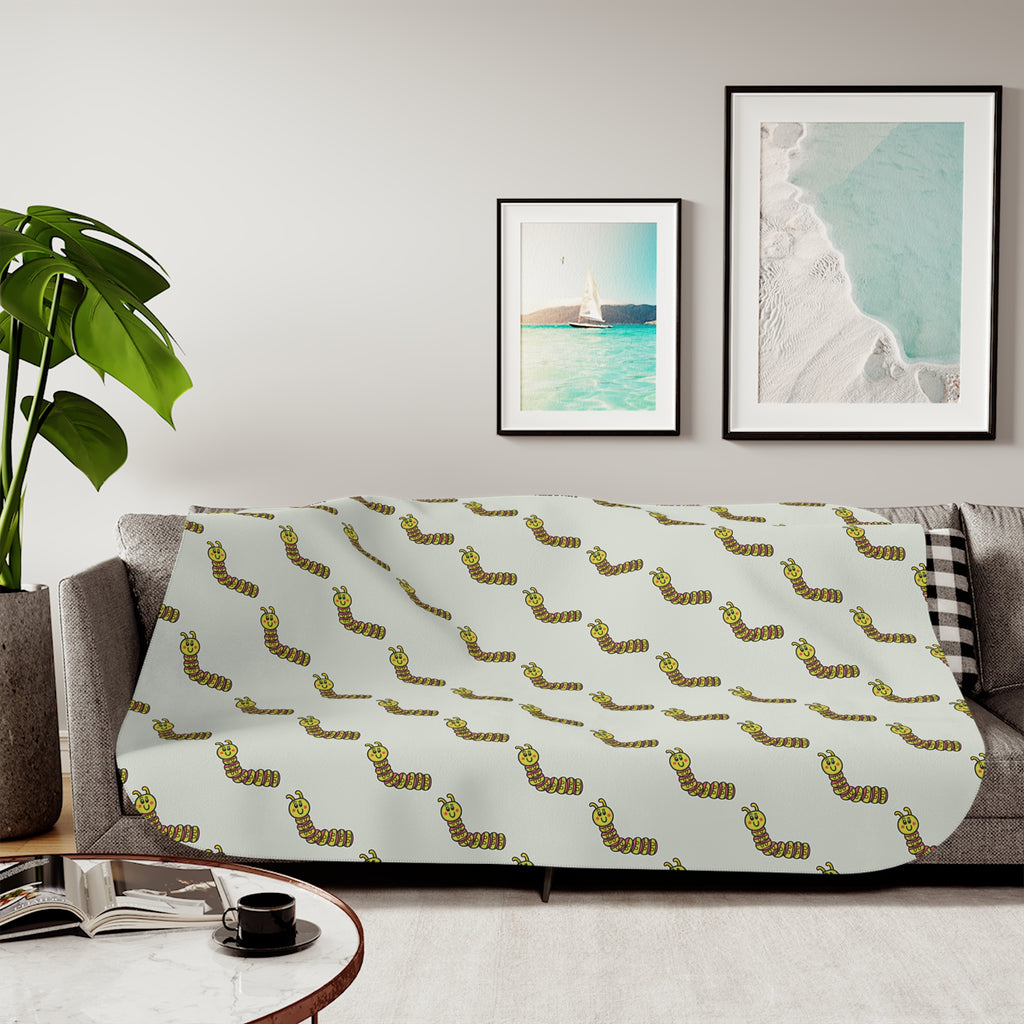 Hand-Drawn Green Pink Yellow Caterpillar Pattern Sherpa Blanket | Cozy Throw