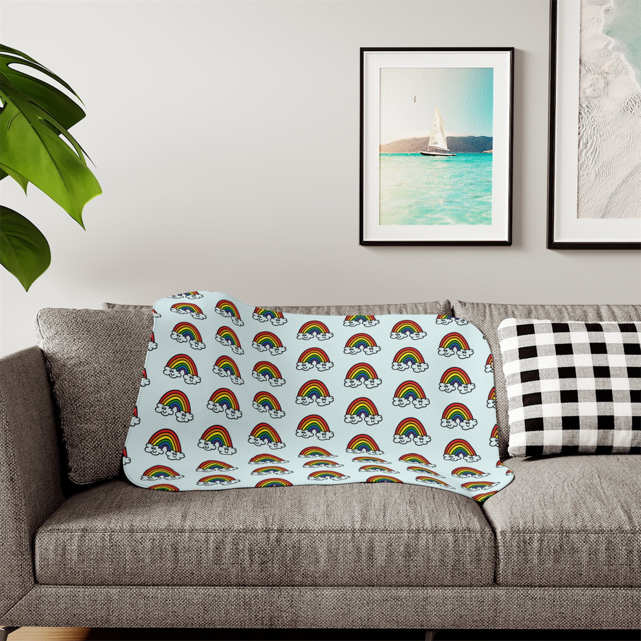 Hand-Drawn Retro Rainbow and Clouds Smiling Pattern Sherpa Blanket | Cute Rainbow Repeat Throw