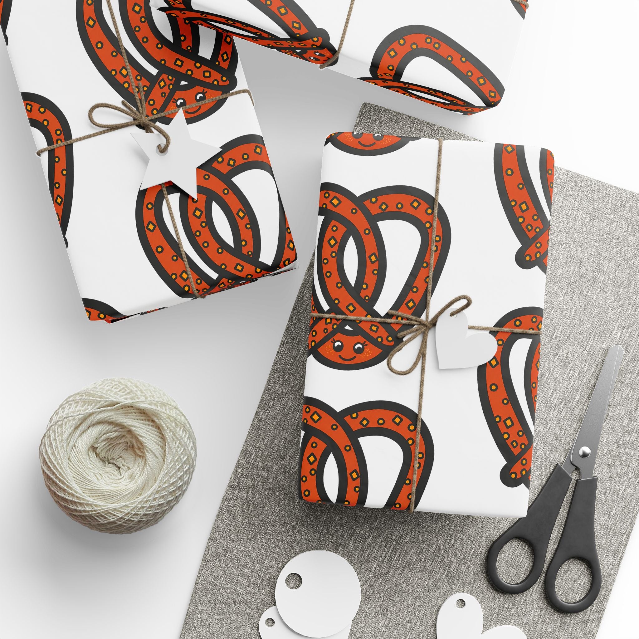 Hand-Drawn Orange Pretzel Pattern Wrapping Paper | Food Pattern Gift Wrap