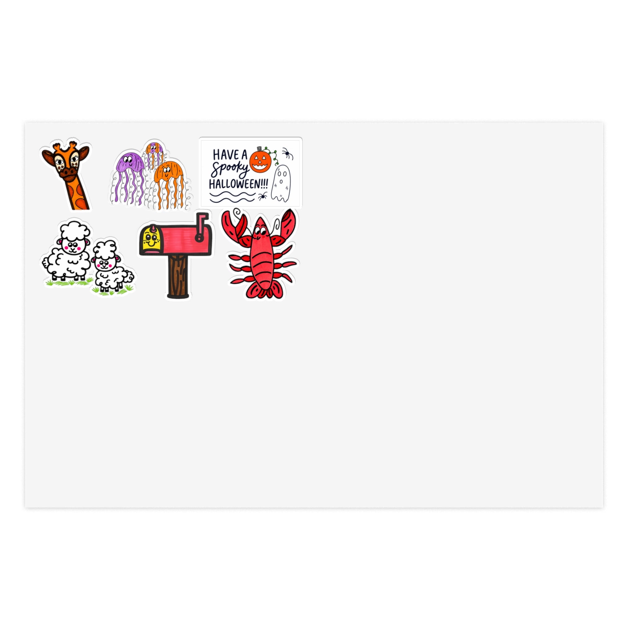 Hand-Drawn Cute Character and Designs Doodle Sticker Sheets | Spooky Ghosts, Lobster, Giraffe, Mailbox, Lamb Duo, and Jellyfish