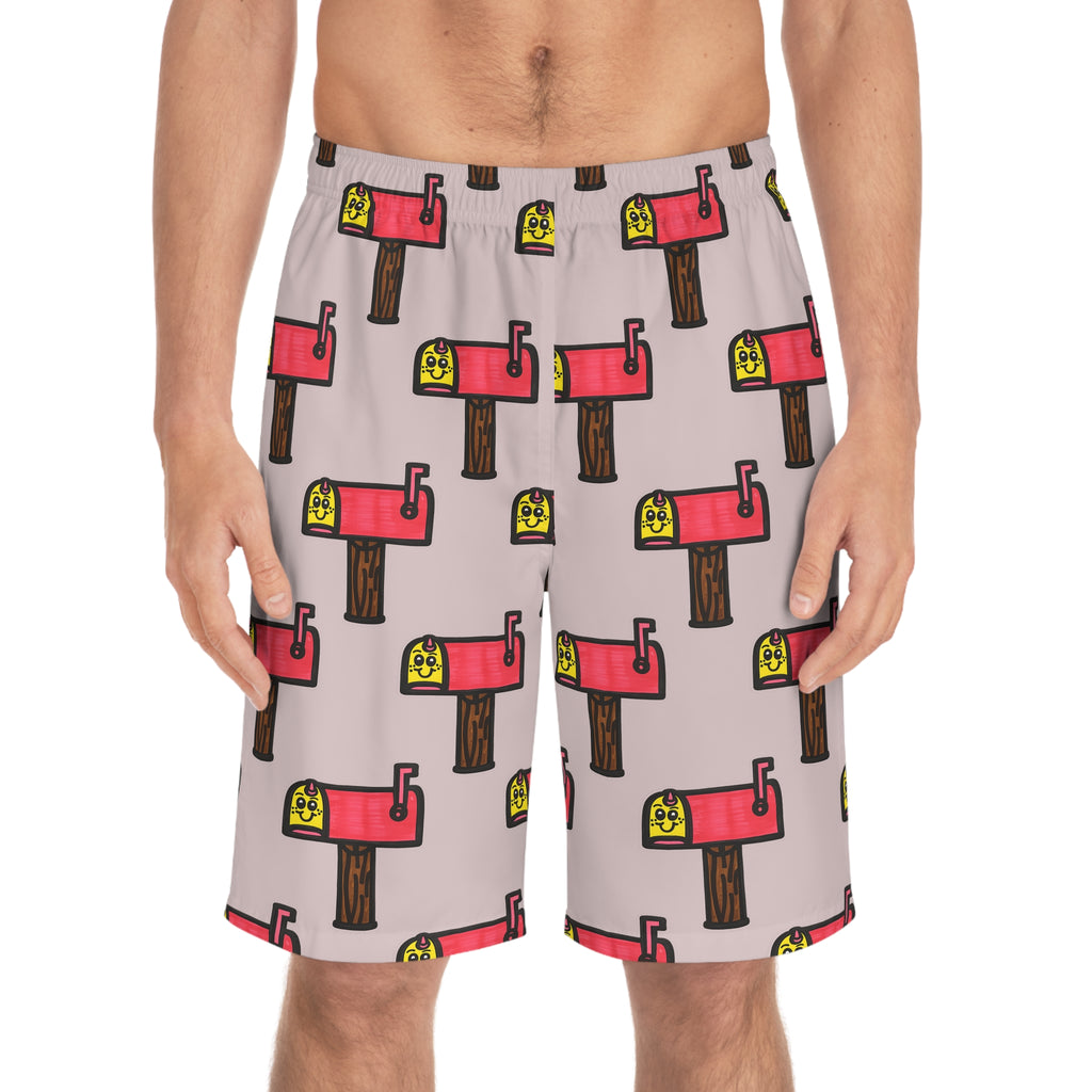 Hand-Drawn Smiling Mailbox Pattern Board Shorts | All-Over Print
