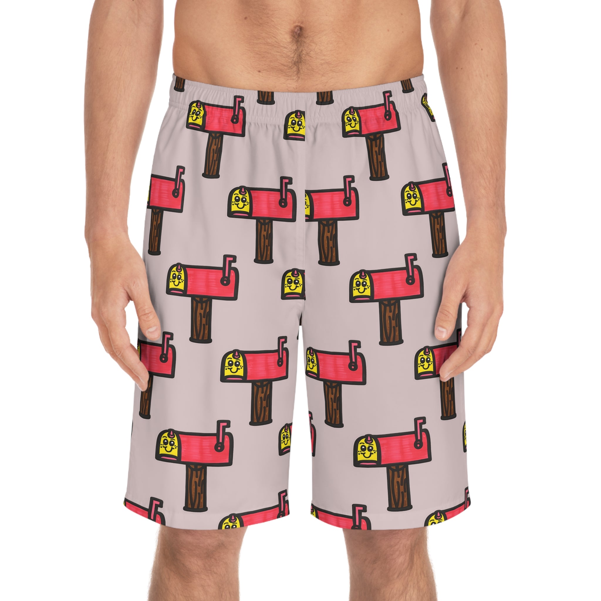 Hand-Drawn Smiling Mailbox Pattern Board Shorts | All-Over Print