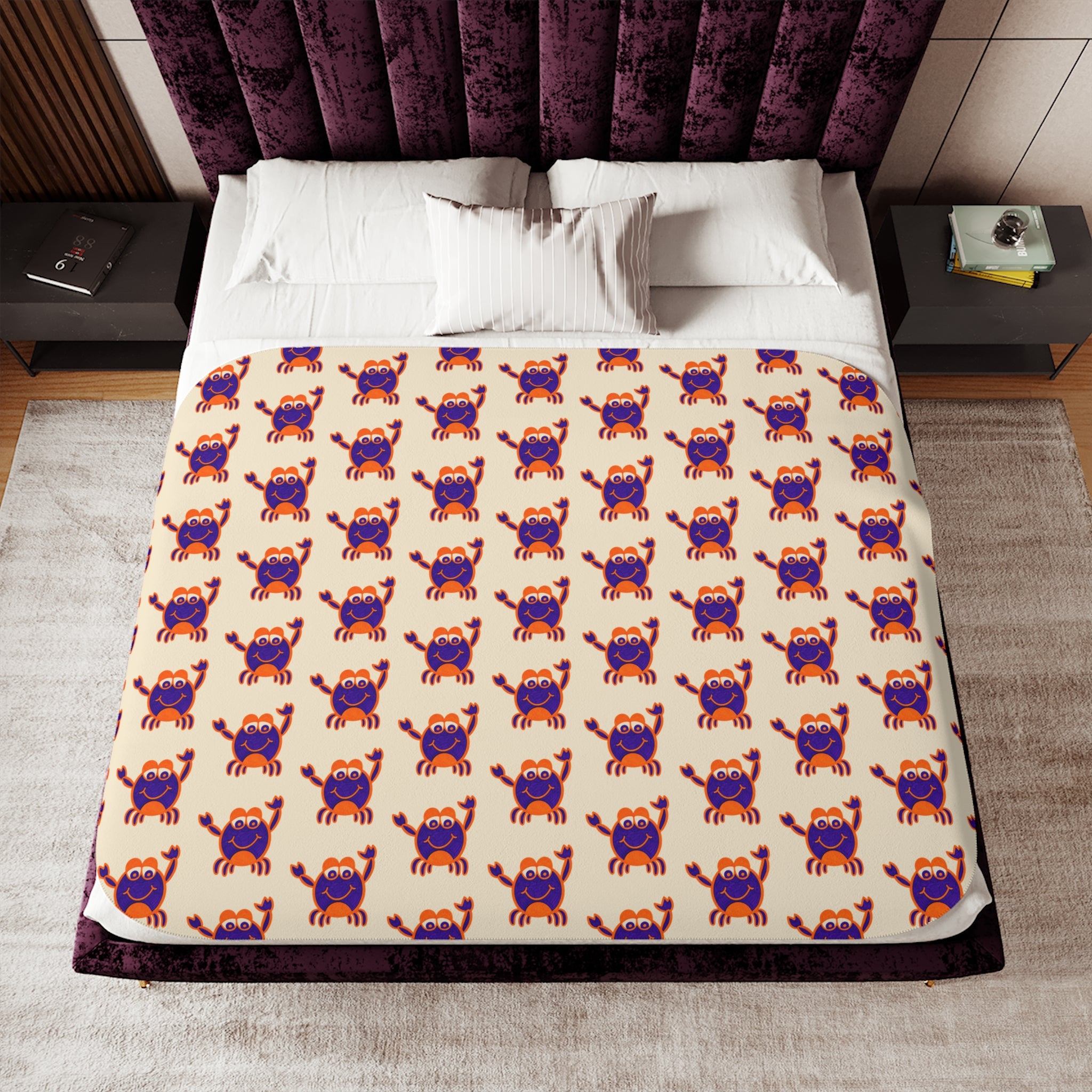 Hand-Drawn Purple Red Crab Pattern Sherpa Blanket | Coastal Nautical Beach Throw