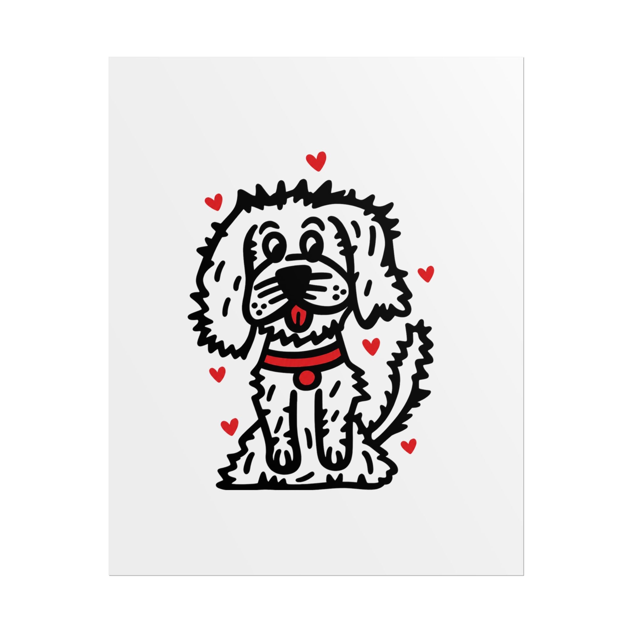 Hand-Drawn Cute Fluffy White Dog with Hearts Rolled Poster | Cute Dog Wall Art