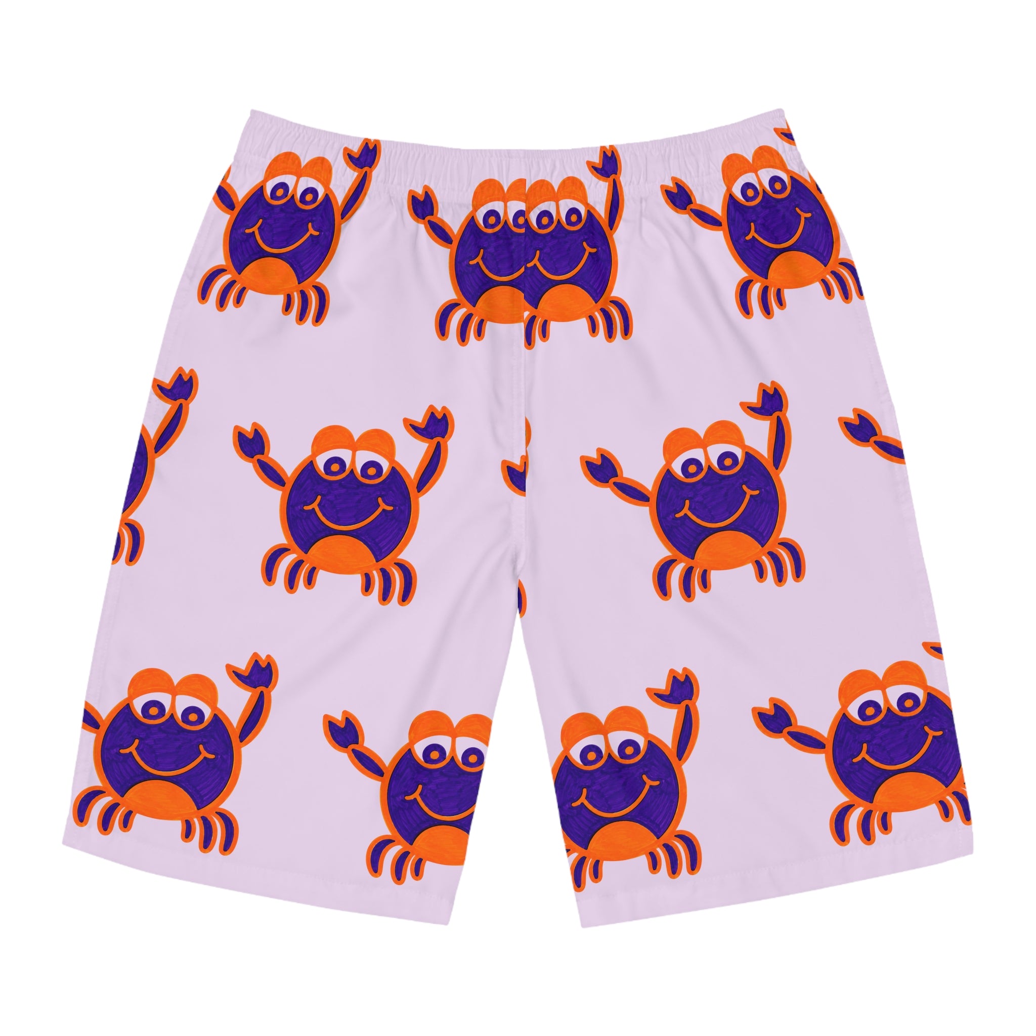 Hand-Drawn Cute Purple and Orange Crab Pattern Men's Board Shorts | All-Over Print