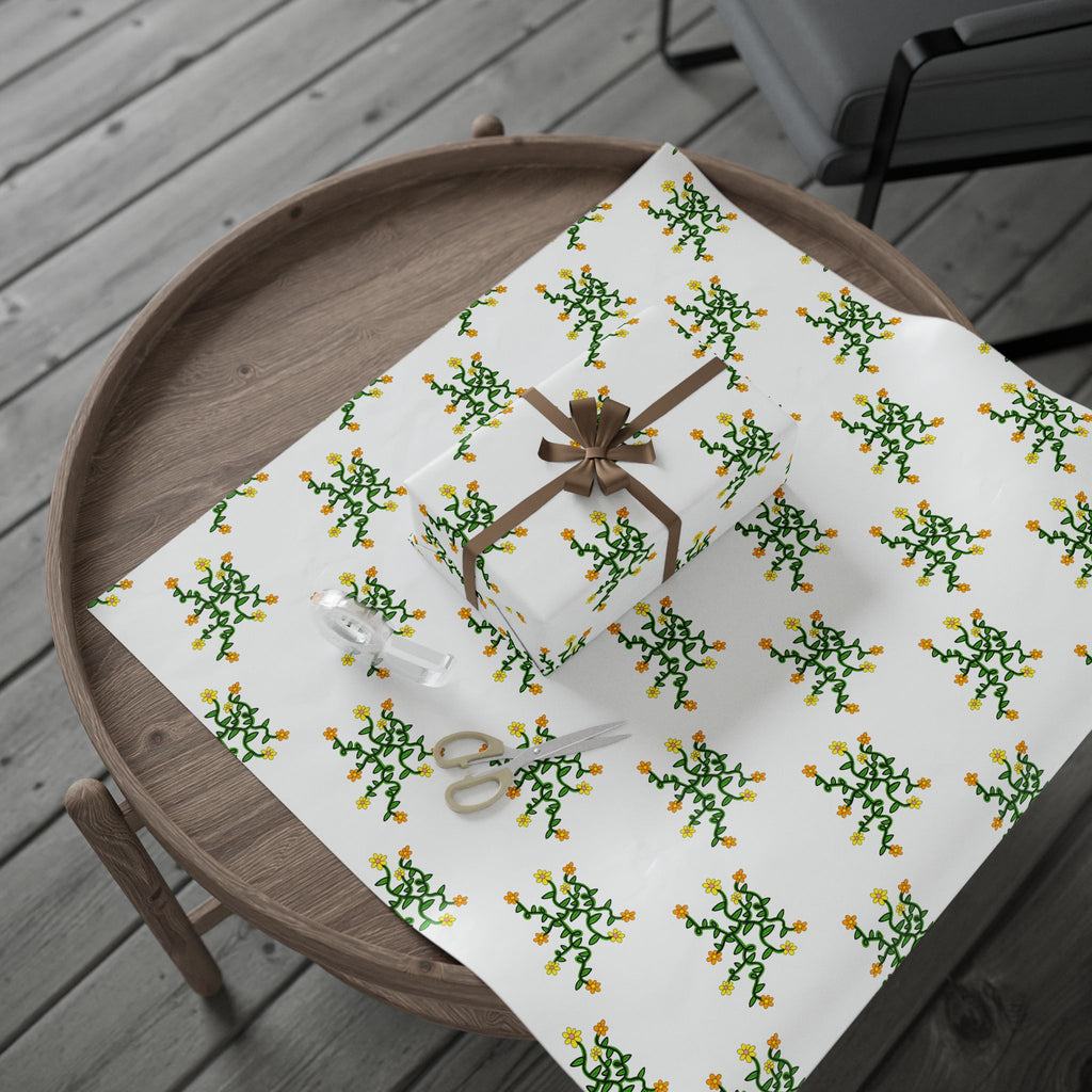 Hand-Drawn Yellow Orange Pink Flowers on Green Vine Wrapping Papers