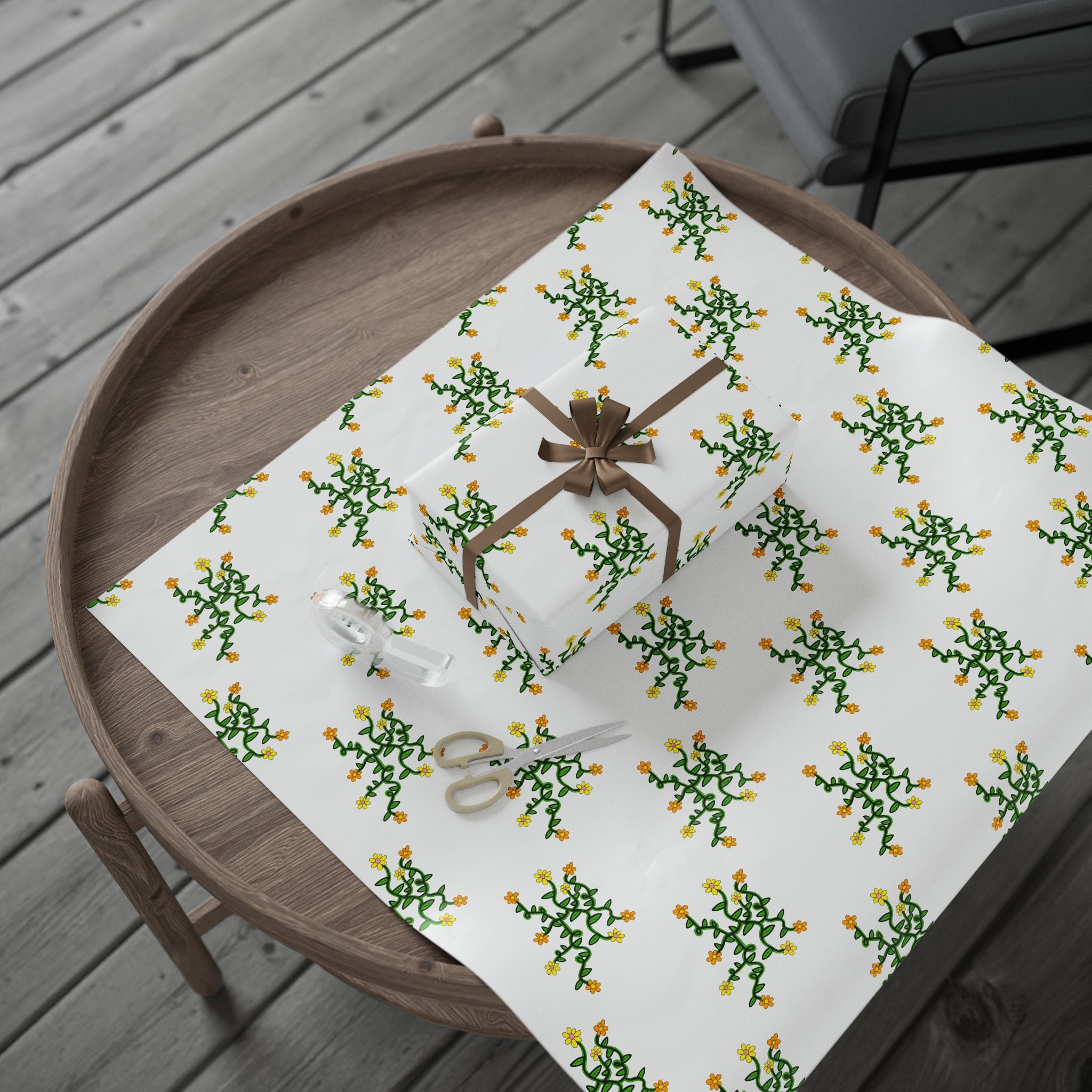 Hand-Drawn Yellow Orange Pink Flowers on Green Vine Wrapping Papers