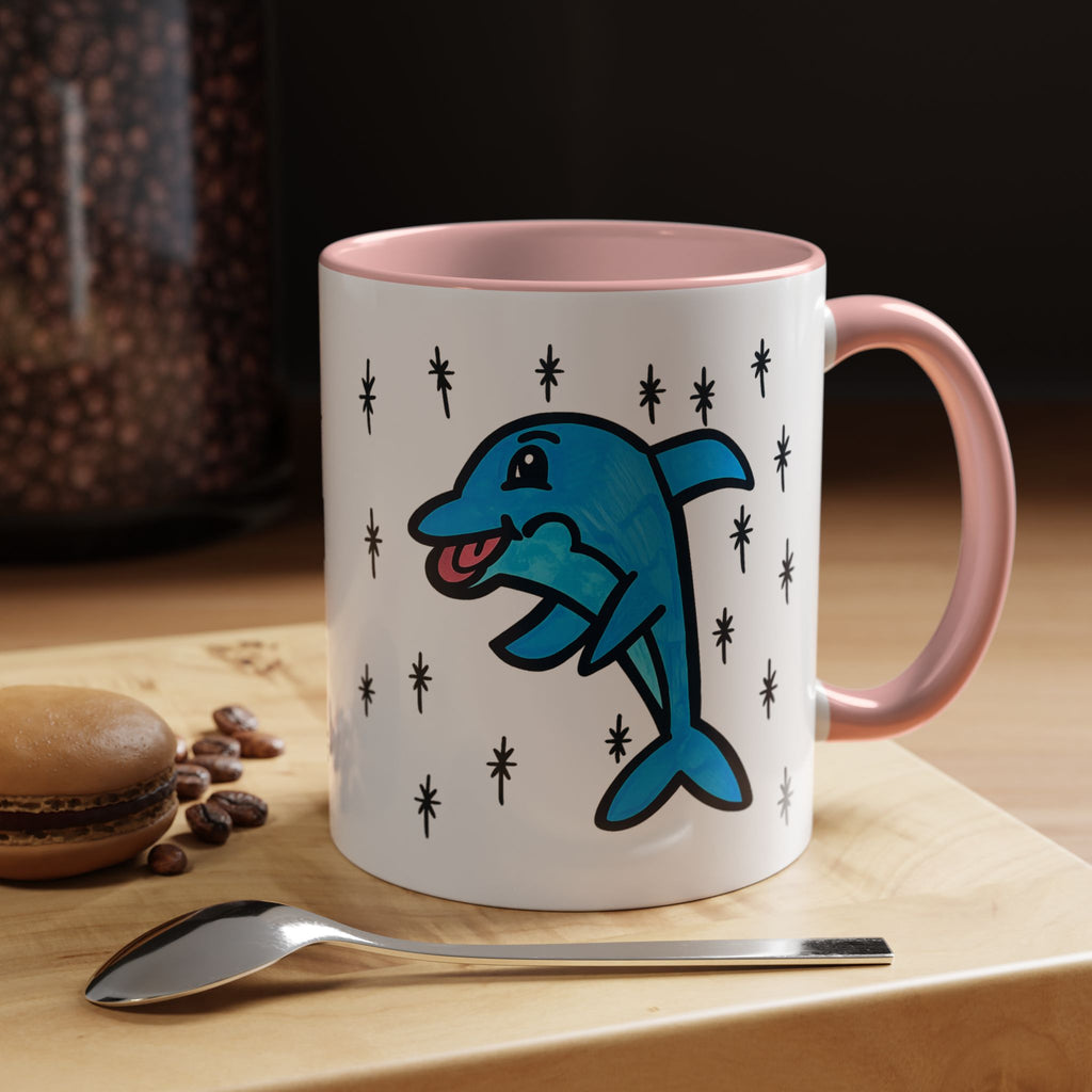 Hand-Drawn Cute Blue Dolphin Mug | Cartoon Dolphin Coffee Mug, Accent Inner Color