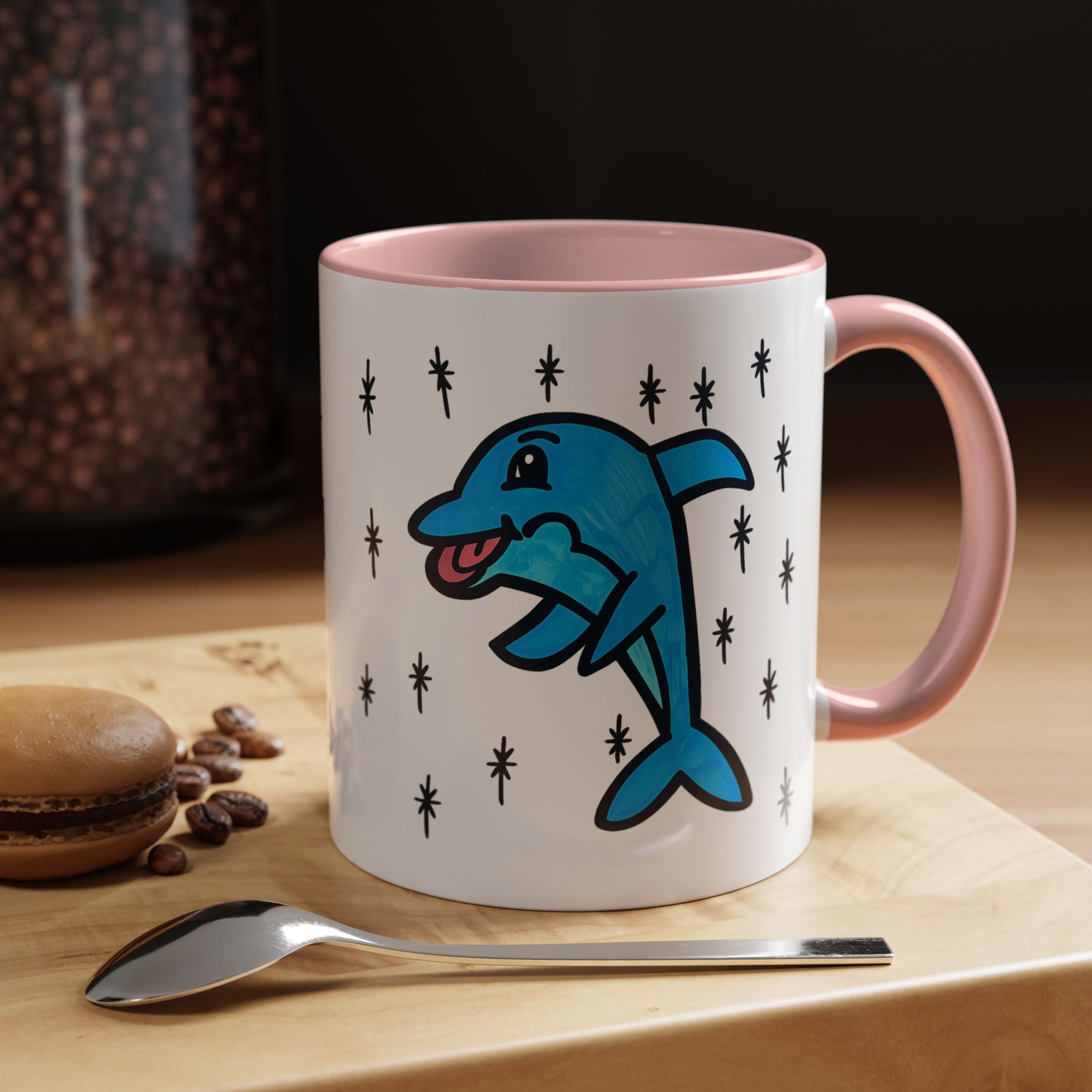 Hand-Drawn Cute Blue Dolphin Mug | Cartoon Dolphin Coffee Mug, Accent Inner Color