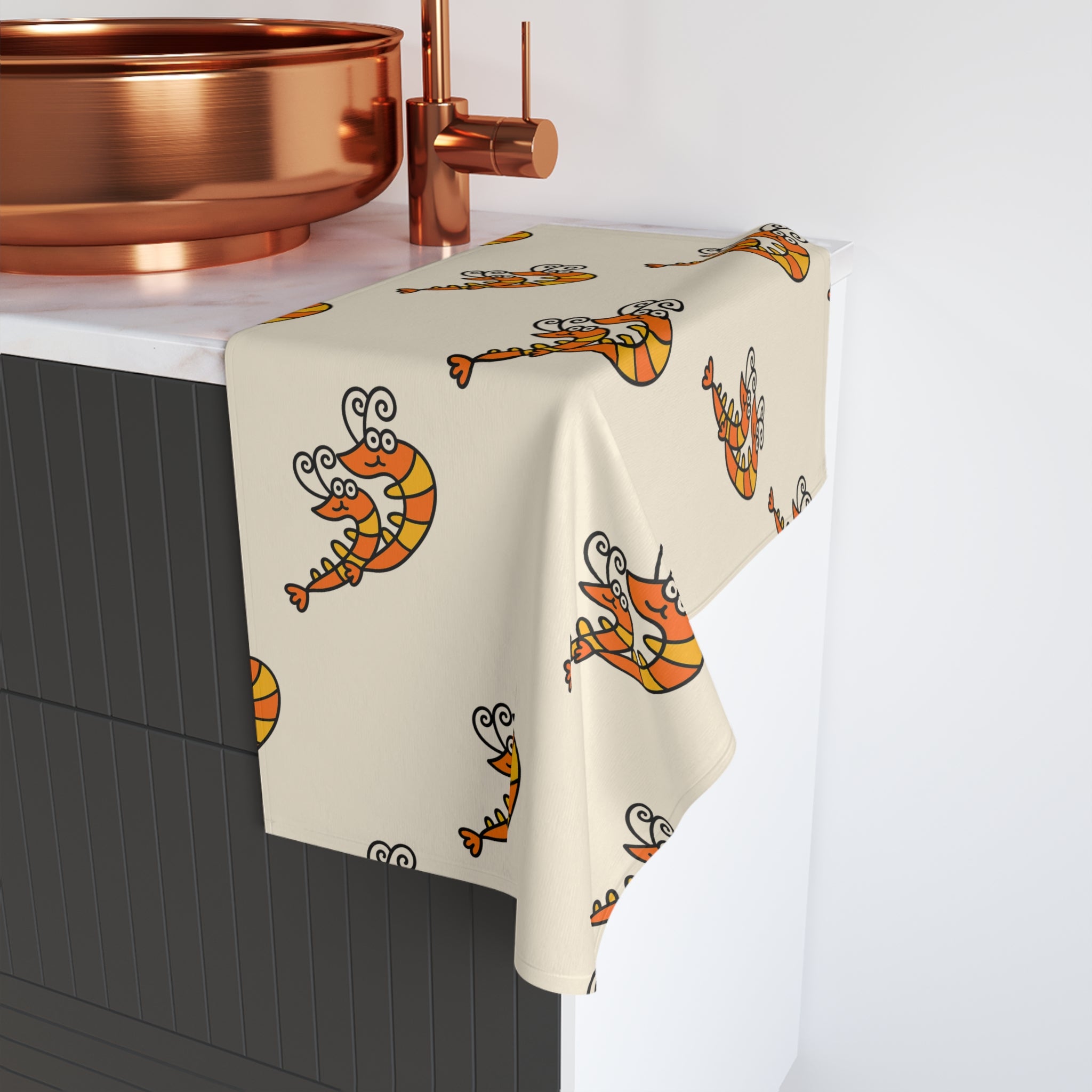 Hand-drawn Orange Shrimp Hand Towel | Nautical Kitchen Towel