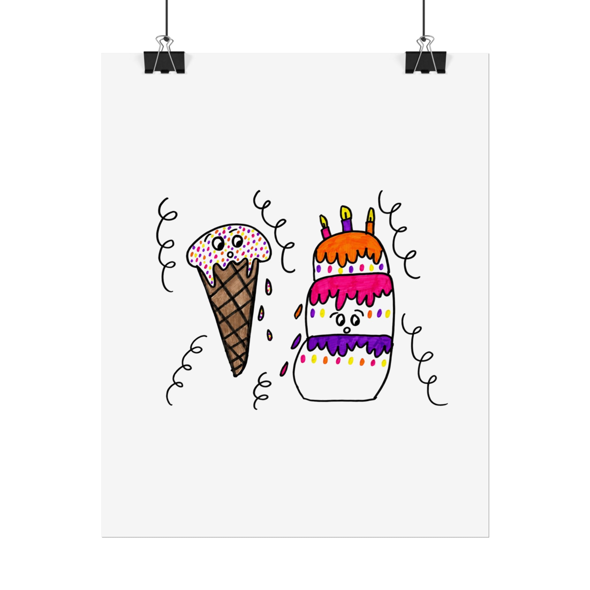 Hand-Drawn Ice Cream Cone and Birthday Cake Poster | Rolled Poster, Cute Dessert Art