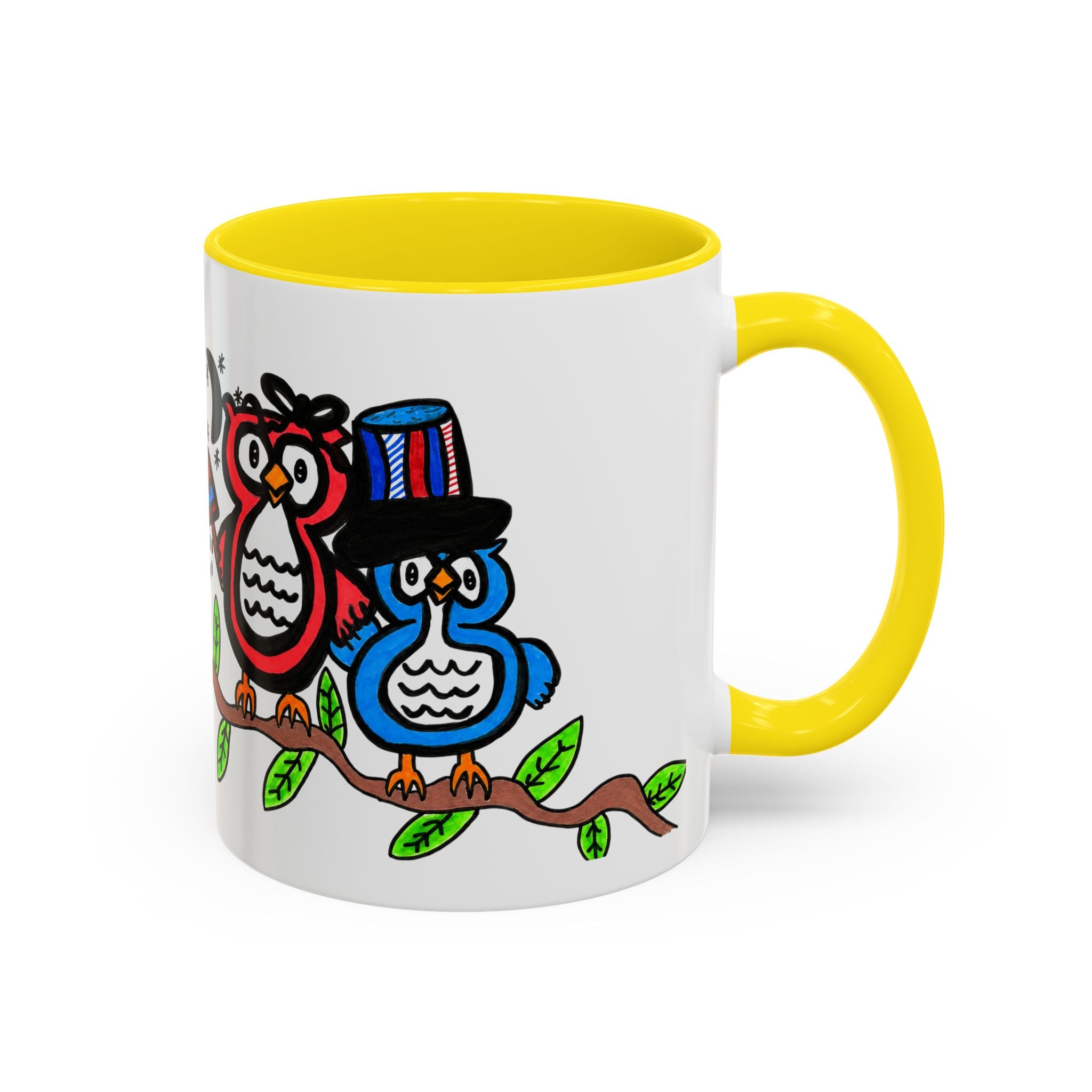 Hand-Drawn Patriotic Owls on a Branch Mug | Accent Coffee Mug 11oz 15oz