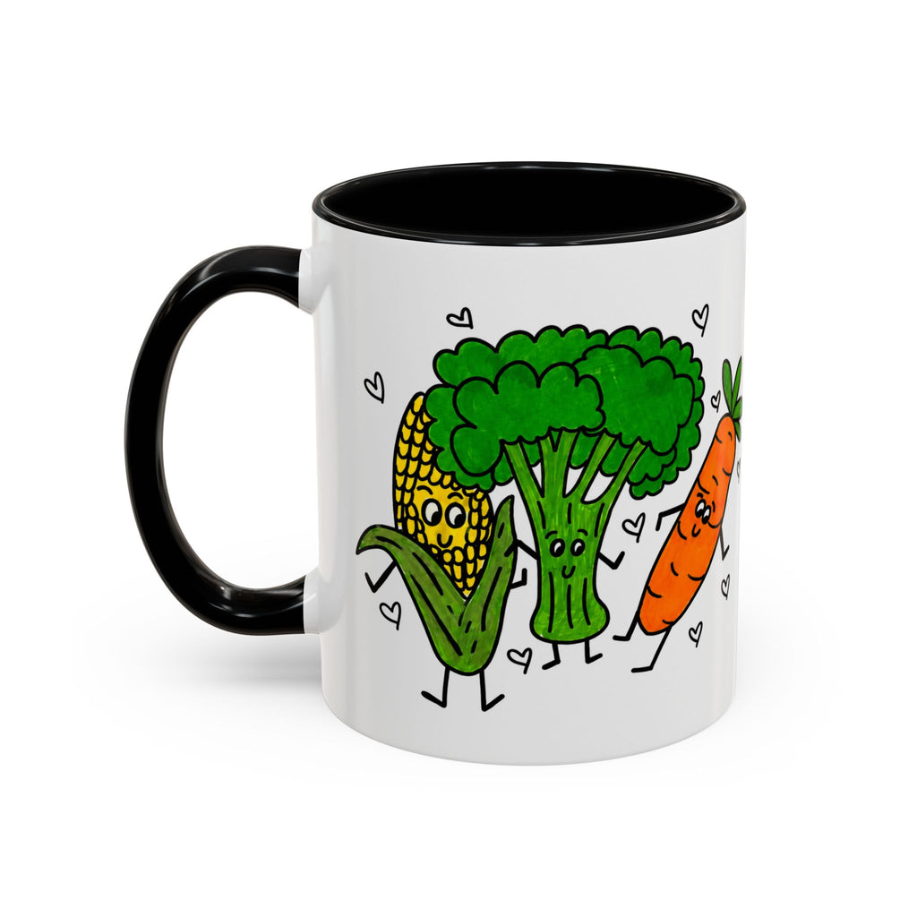 Hand-Drawn Dancing Veggies Carrot Broccoli Corn Mug | Accent Coffee Mug