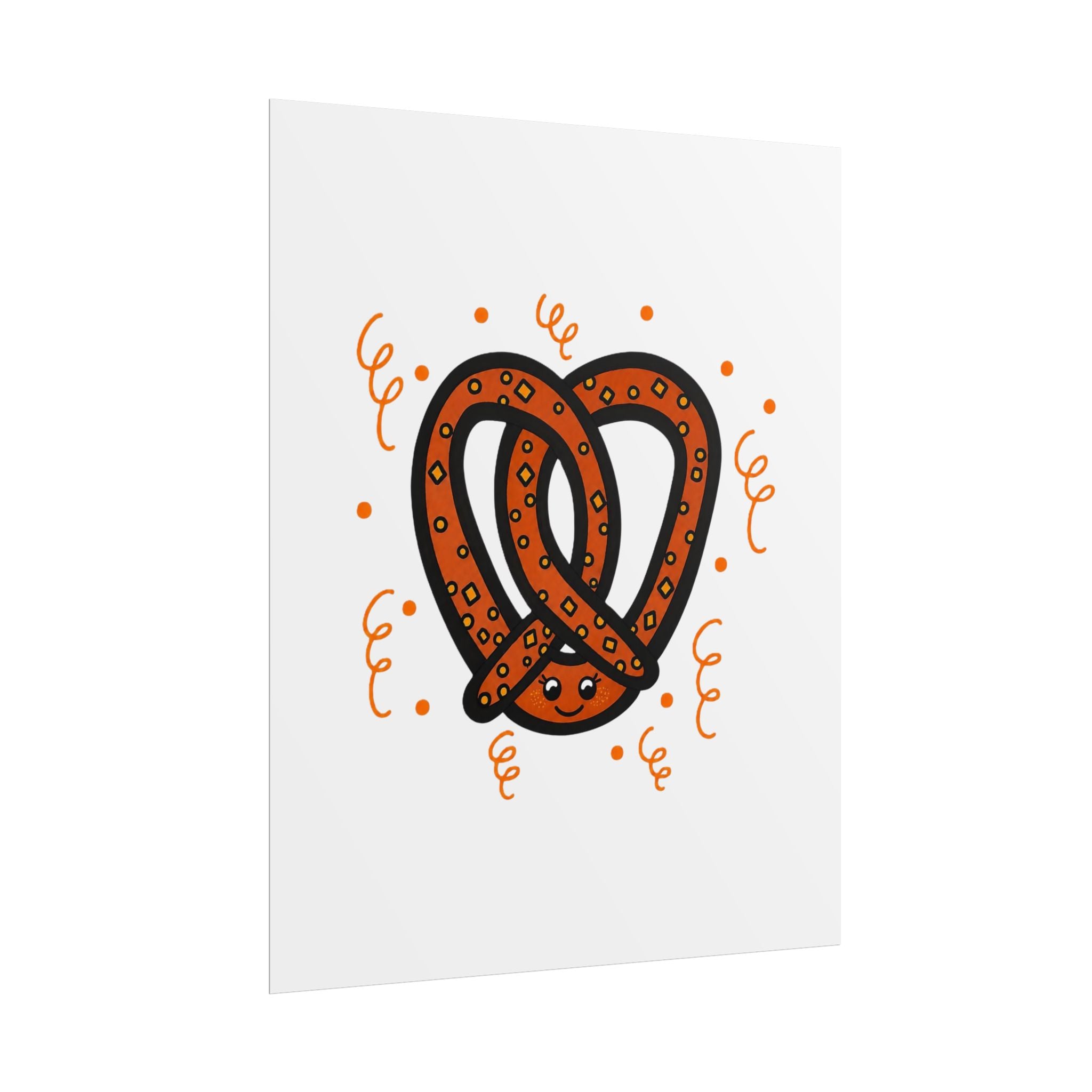 Hand-Drawn Orange Cartoon Pretzel Rolled Posters | Snack Art Print, Cute Food Poster