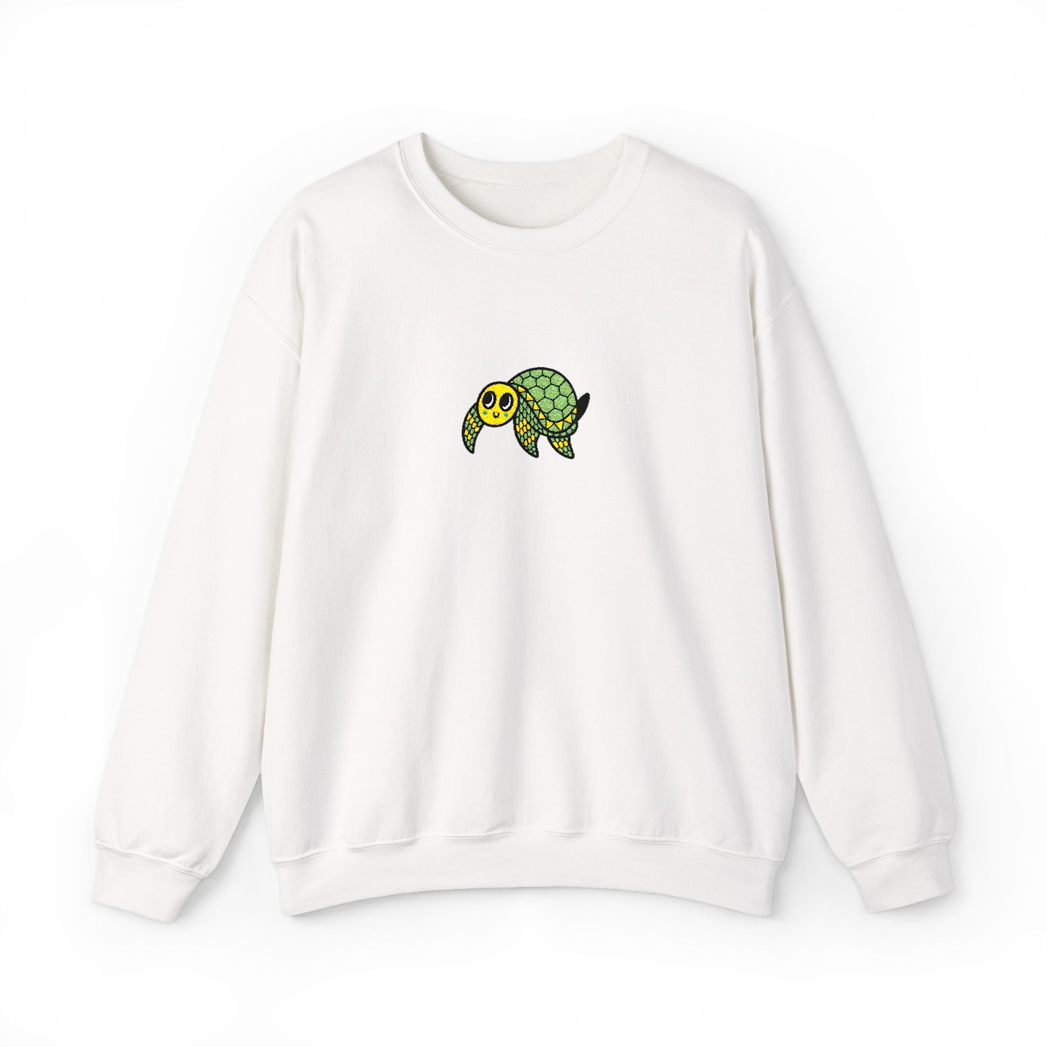 Hand-Drawn Green Turtle Illustration Sweatshirt | Small Center Chest Patch Design