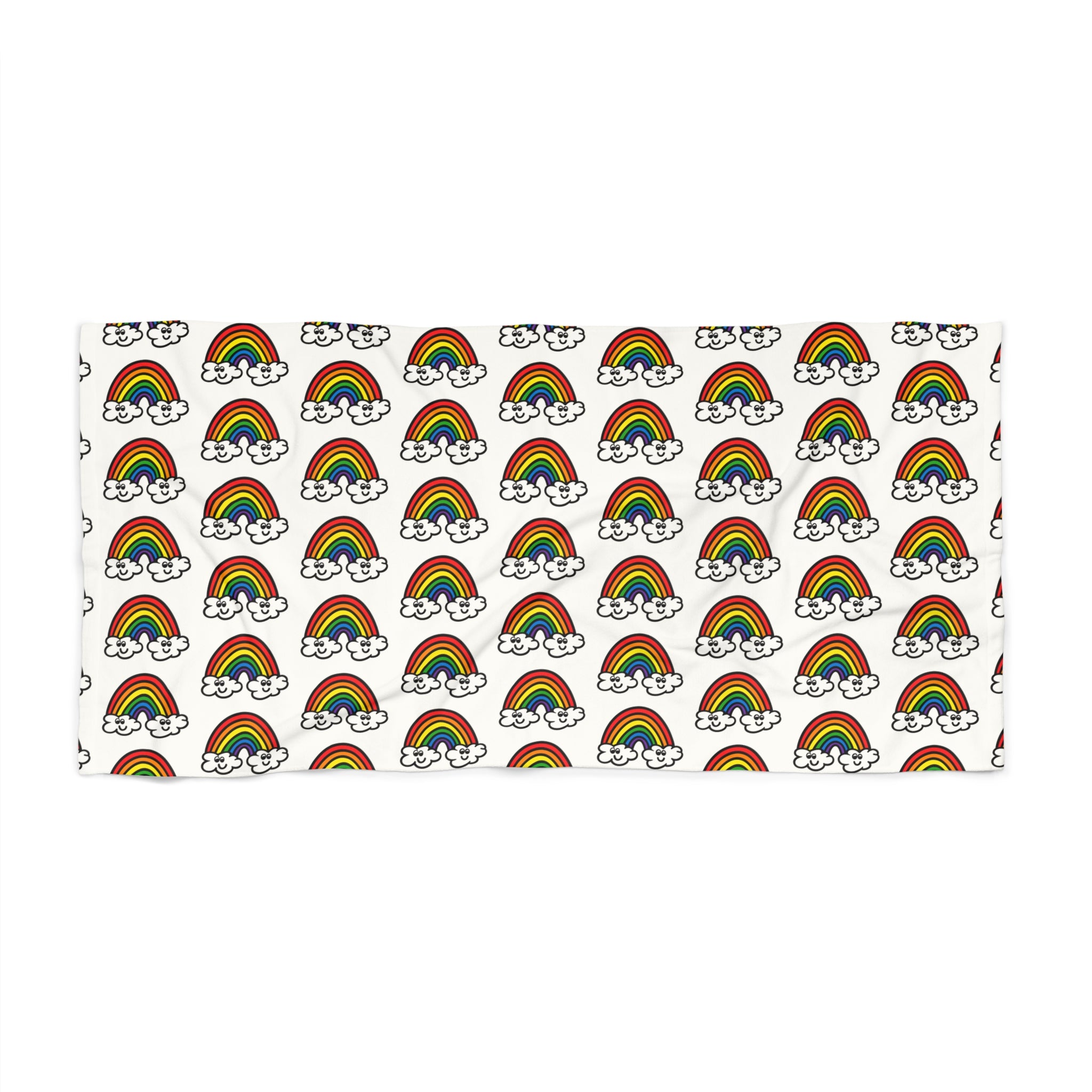 Hand-Drawn Retro Rainbow Pattern Beach Towel | Cute Clouds, Colorful Arches