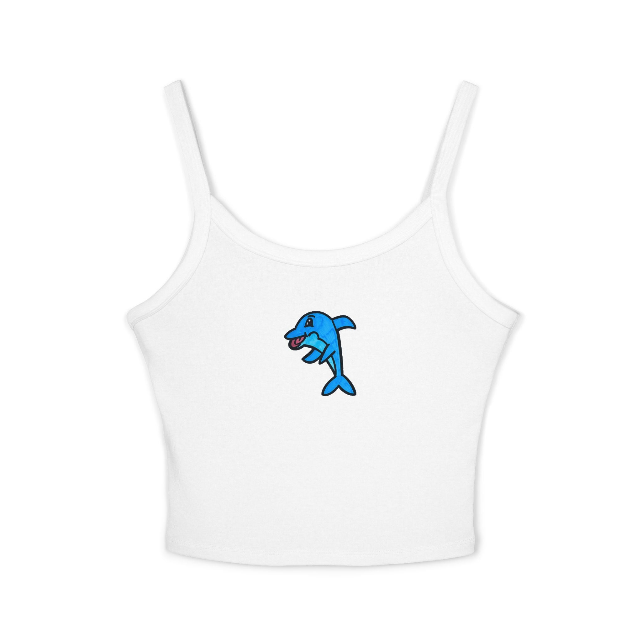 Hand-Drawn Smiling Blue Dolphin Tank Top | Cute Ocean Animal Crop Top