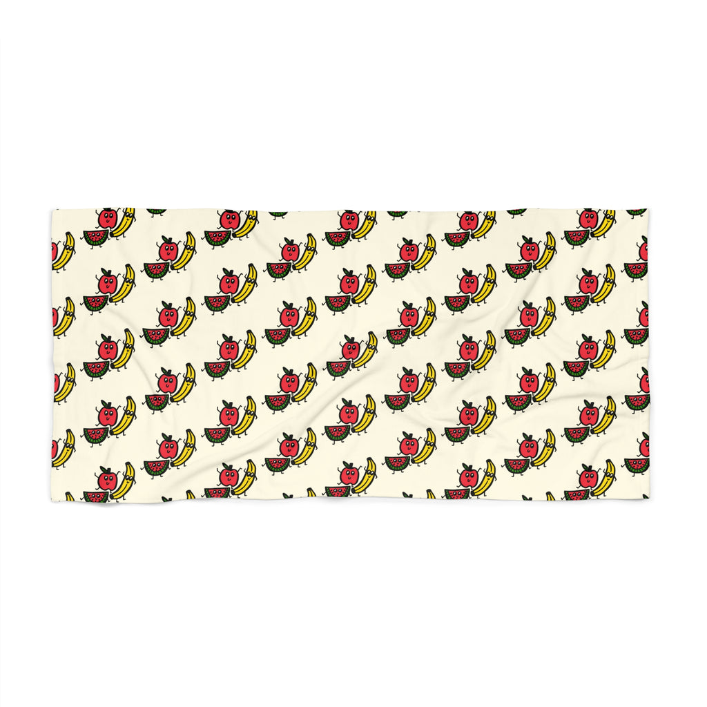 Hand-Drawn Retro Banana, Apple, and Watermelon Pattern Beach Towel | Vintage Fruit Repeat