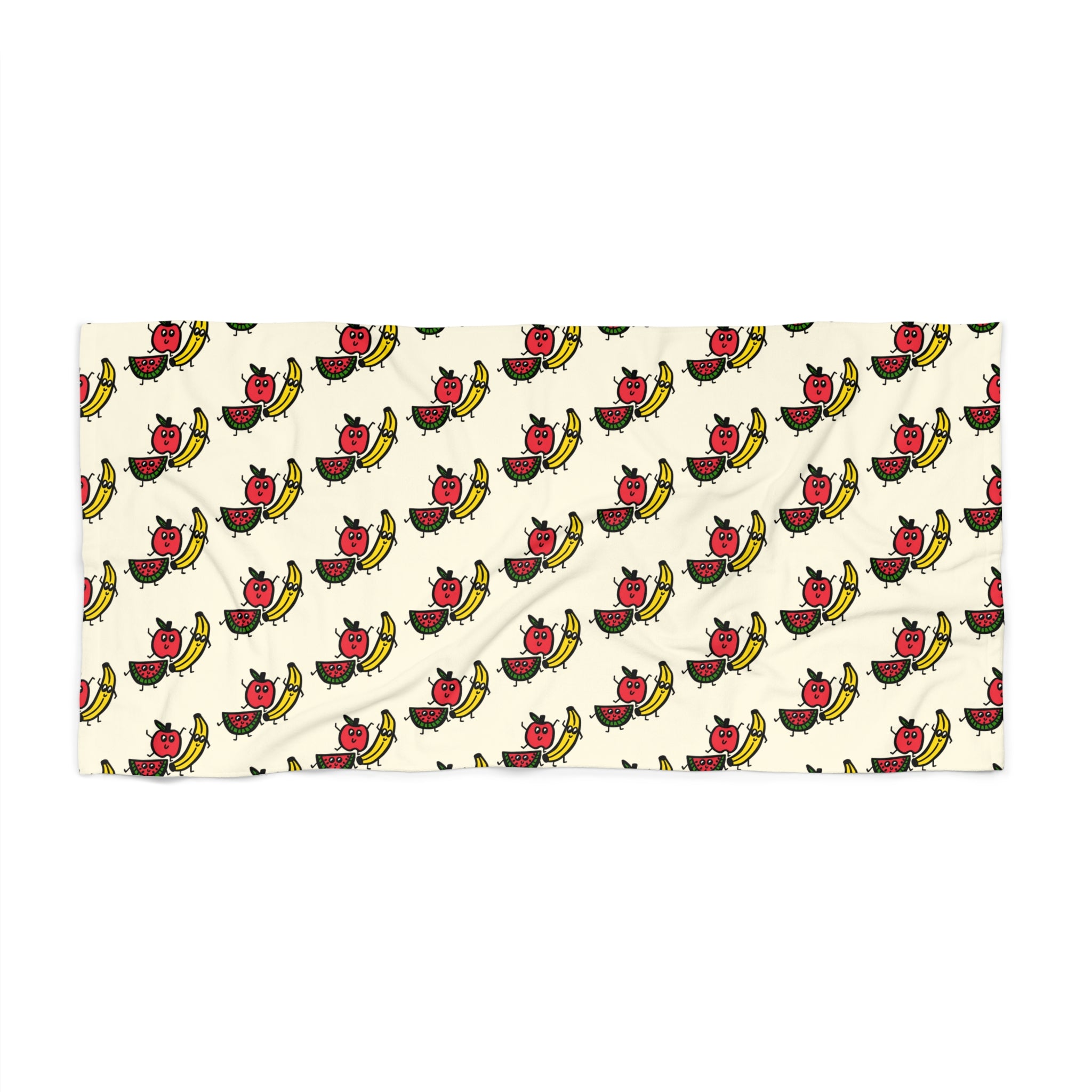 Hand-Drawn Retro Banana, Apple, and Watermelon Pattern Beach Towel | Vintage Fruit Repeat