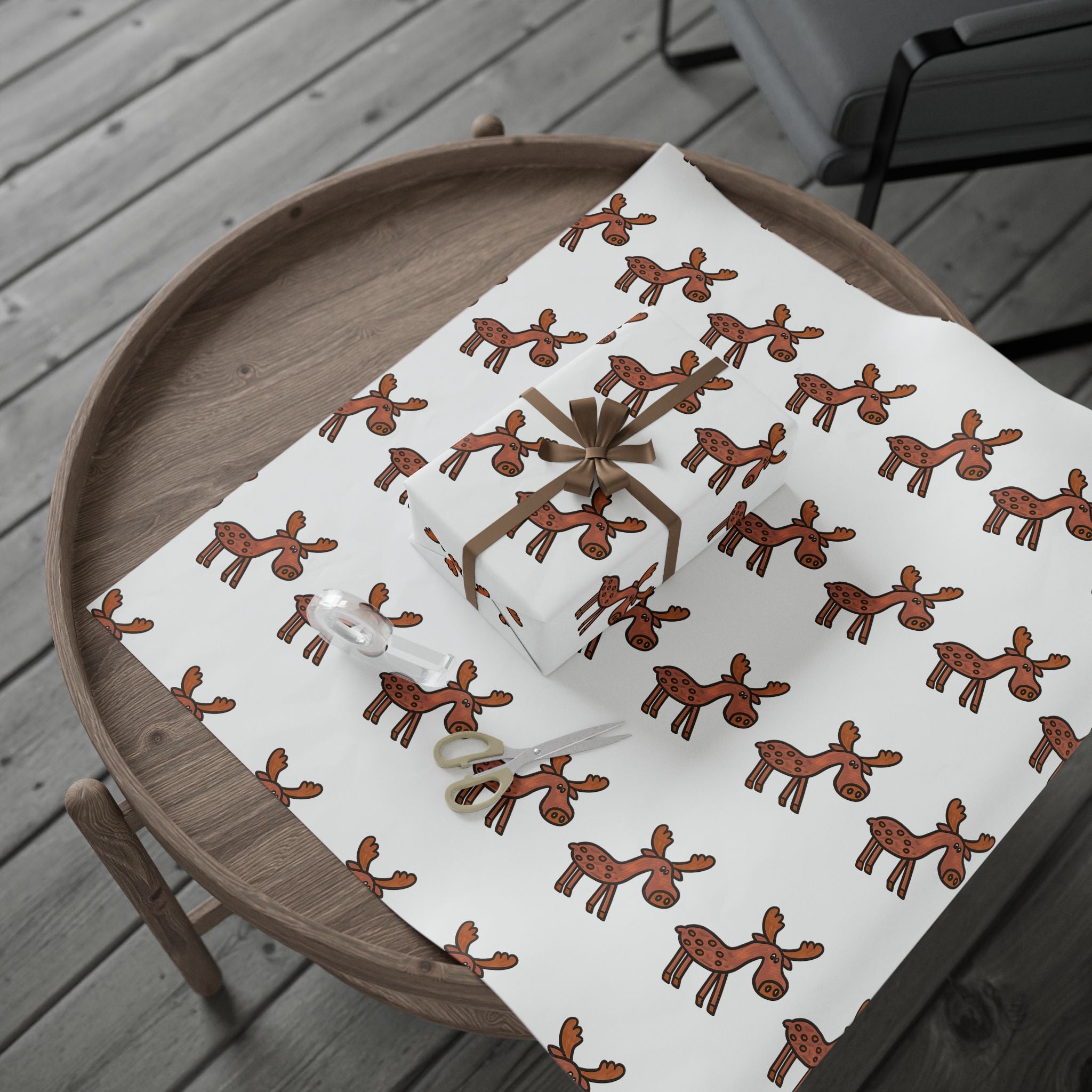 Hand-Drawn Cute Moose Pattern Wrapping Paper | Repeating Cartoon Moose Holiday Wrap