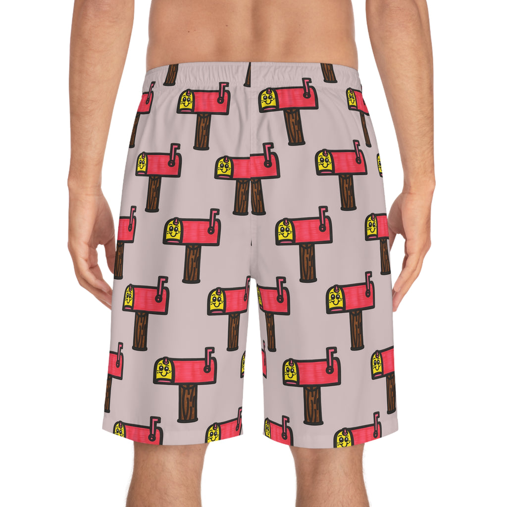 Hand-Drawn Smiling Mailbox Pattern Board Shorts | All-Over Print