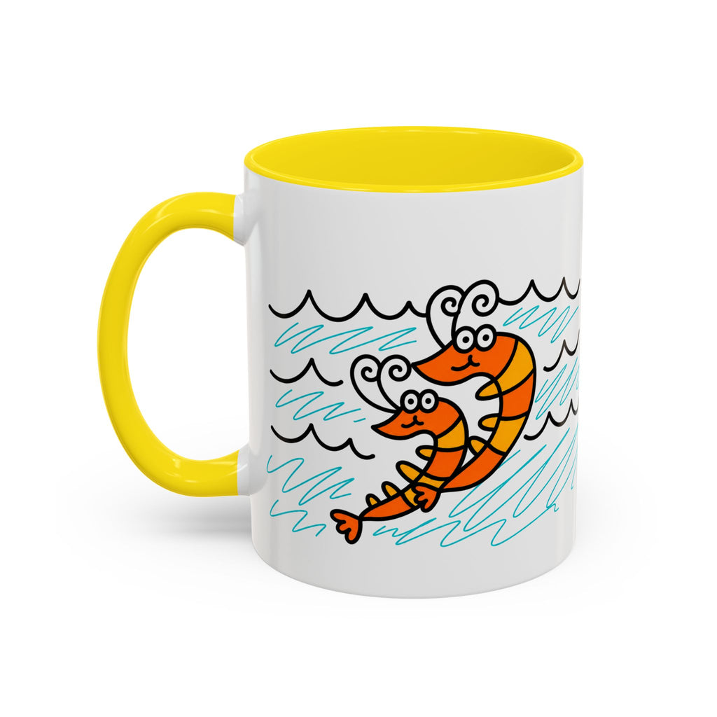 Hand-Drawn Two Shrimp Ocean Waves Mug | Coastal Seafood Ceramic Coffee Mug