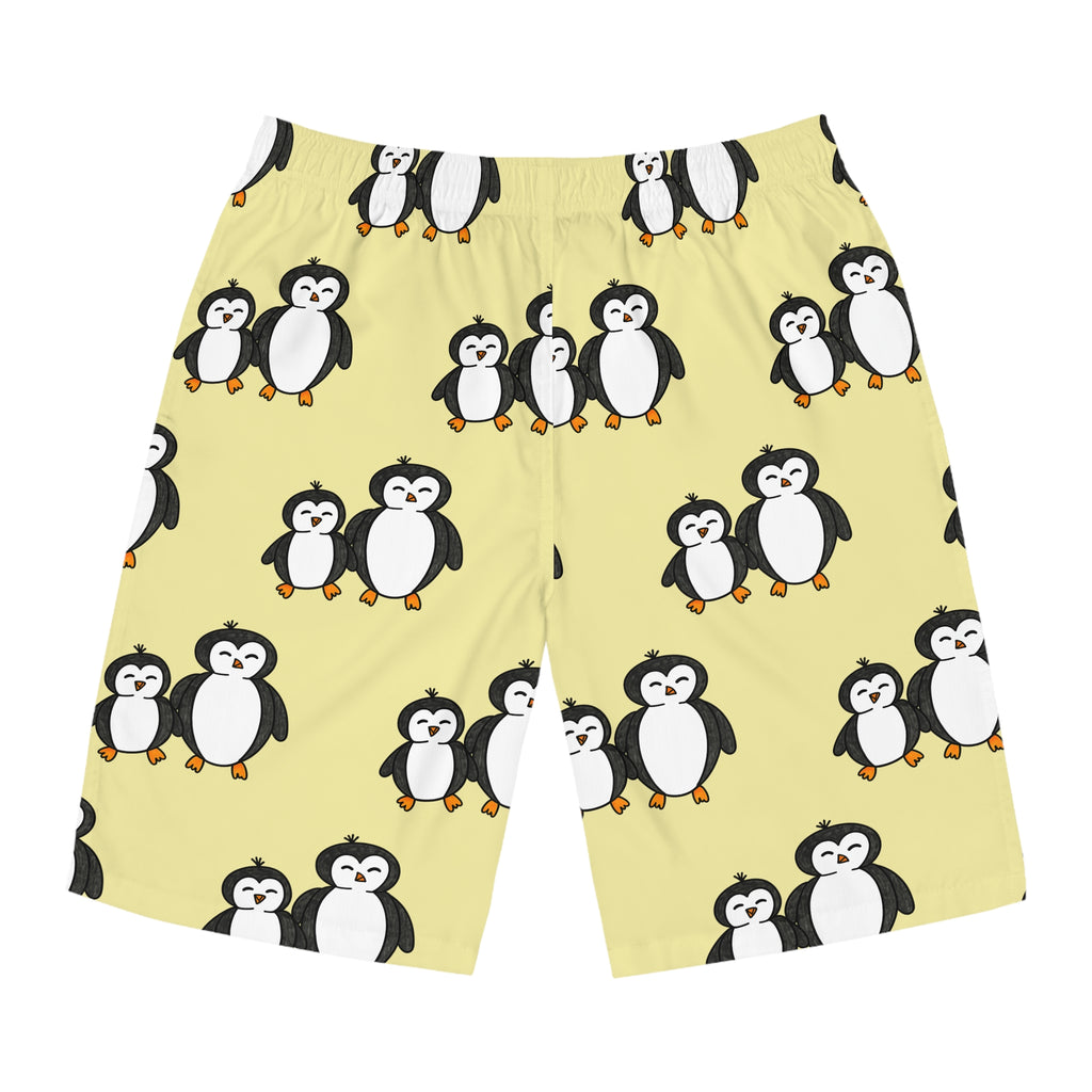Hand-Drawn Cute Penguin Pattern Men's Board Shorts | Yellow All-Over Print