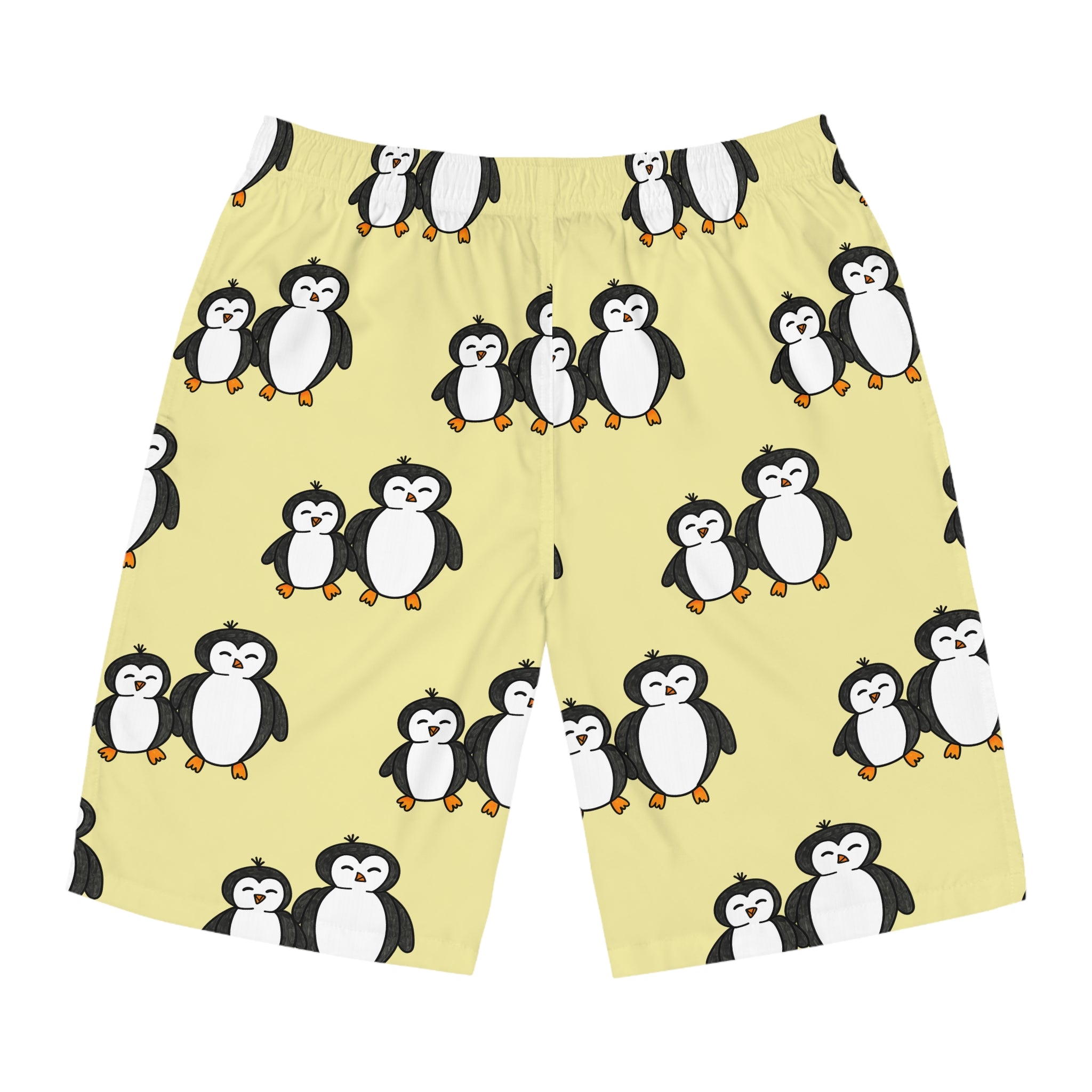Hand-Drawn Cute Penguin Pattern Men's Board Shorts | Yellow All-Over Print