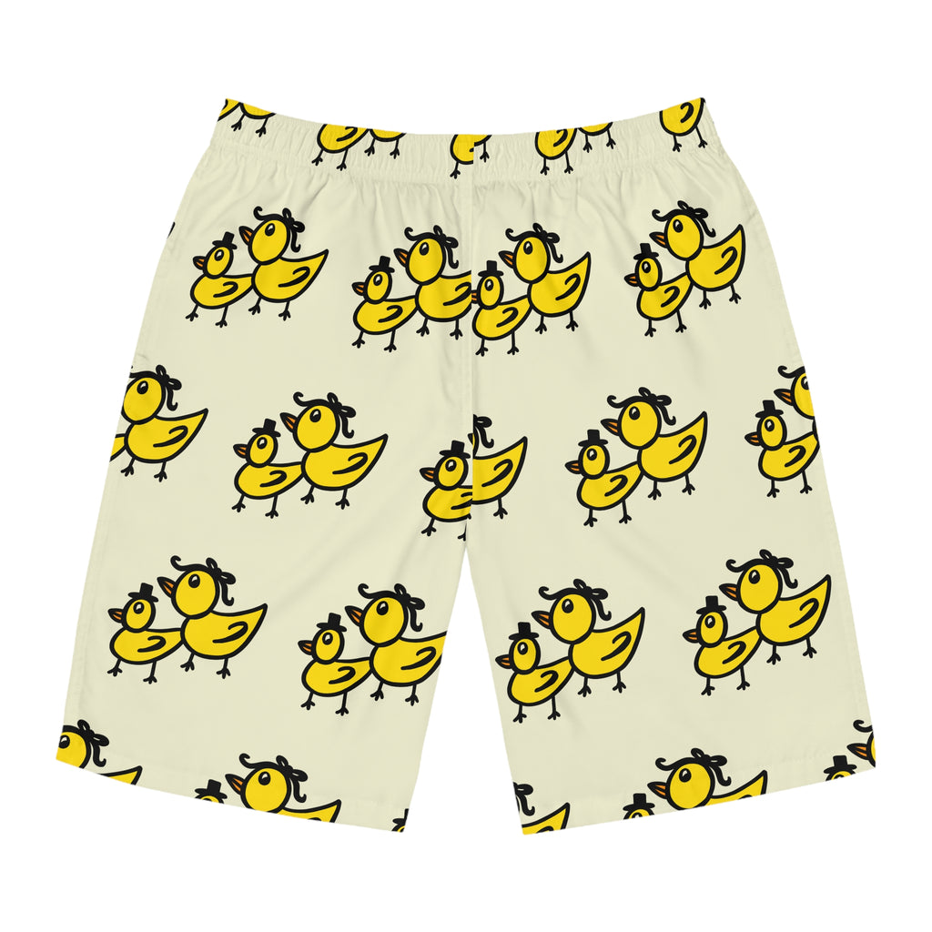 Hand-Drawn Yellow Duck Pattern Board Shorts | All-Over Print